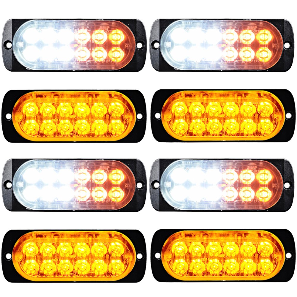 Universal 36W 12-LED Warning Emergency Construction Flashing Strobe Light Bar Surface Mount 12V-24V (8pcs, Amber+White & Amber)