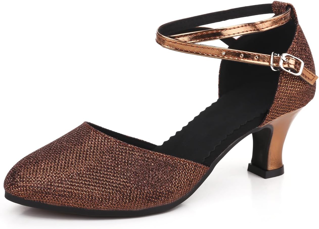 Women Latin Dance Shoes Ankle Strap Heels for Ballroom Tango Salsa Closed Toe Cross Strap Rubber Sole