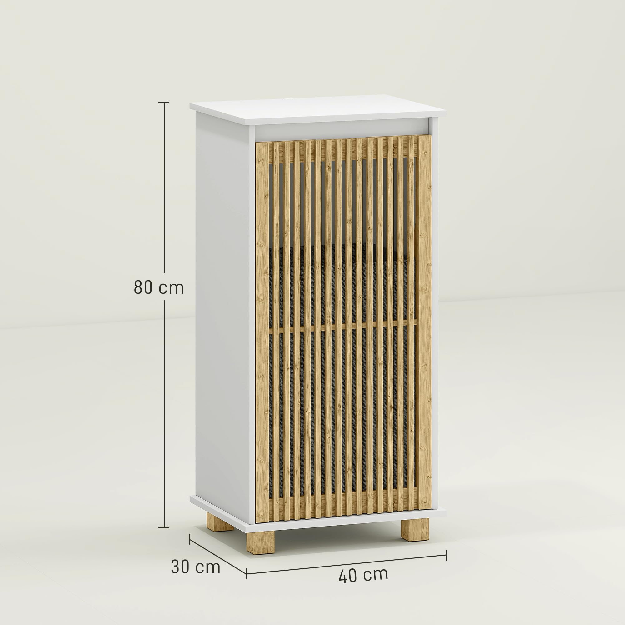 HOMCOM Meuble salle de bain 40 x 30 x 80 cm Blanc et Effet Bois Naturel | Panier À Linge, Armoire De Rangement, Porte À Lattes En Bambou, Sac Amovible