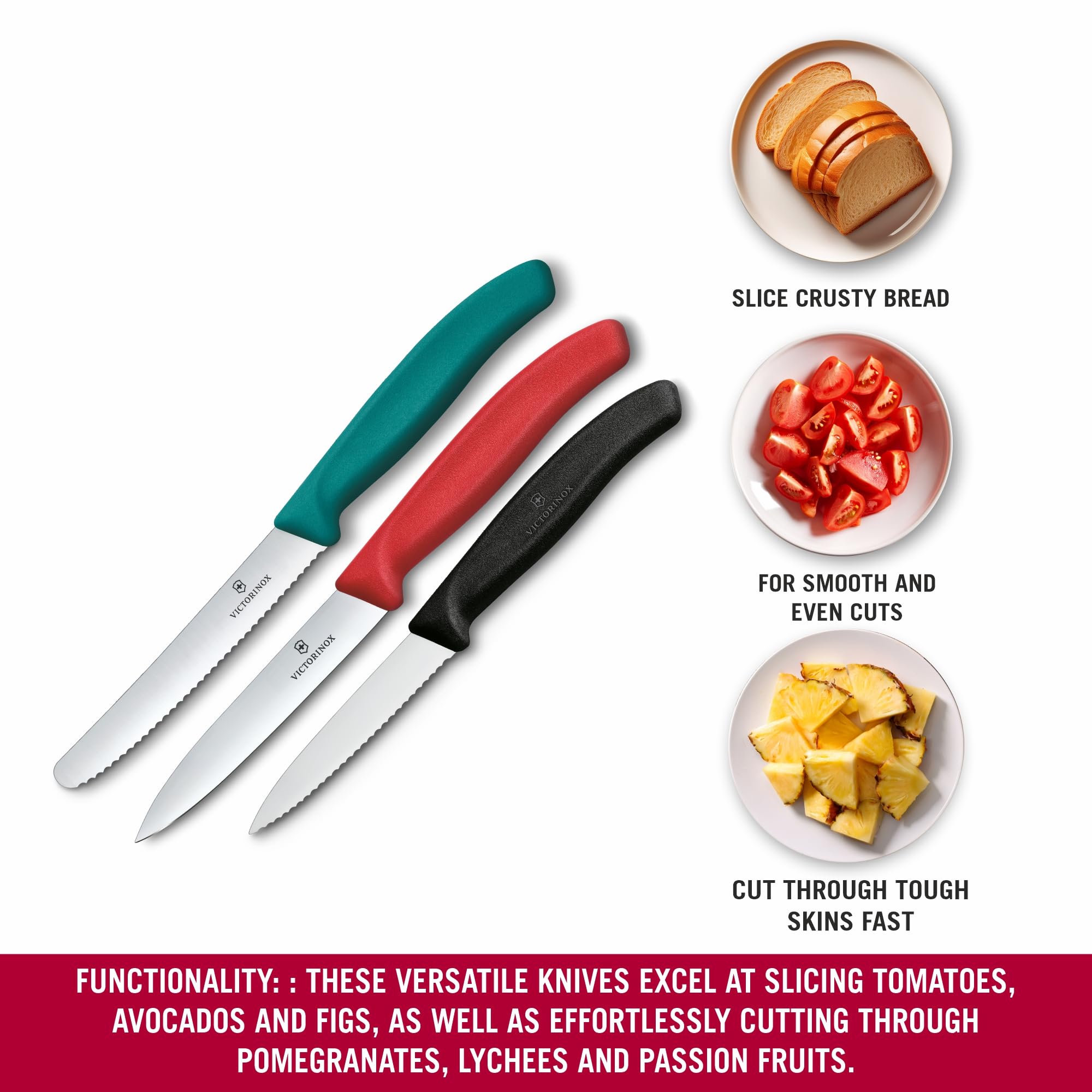 Victorinox Swiss Classic Gemüsemesser, Tomatenmesser und Frühstücksmesser Set, 3-teilig, Extra Scharf, Farbig