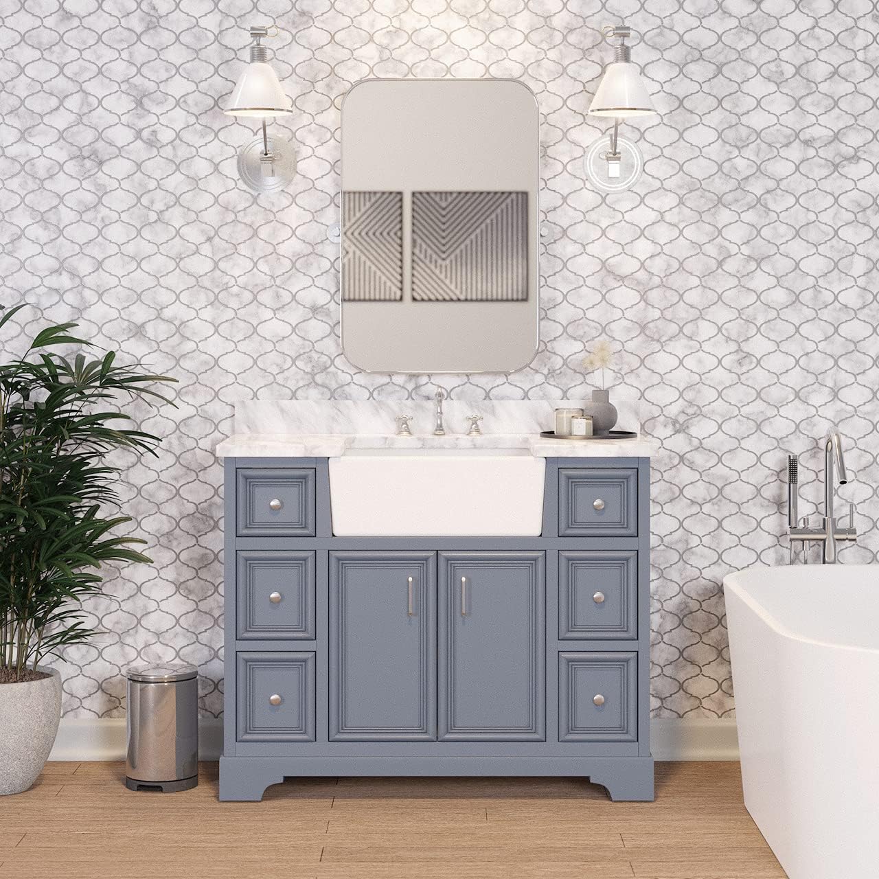 Kitchen Bath Collection Zelda 42-inch Farmhouse Vanity (Carrara/Powder Gray): Includes Powder Gray Cabinet with Authentic Italian Carrara Marble Countertop and White Ceramic Farmhouse Apron Sink