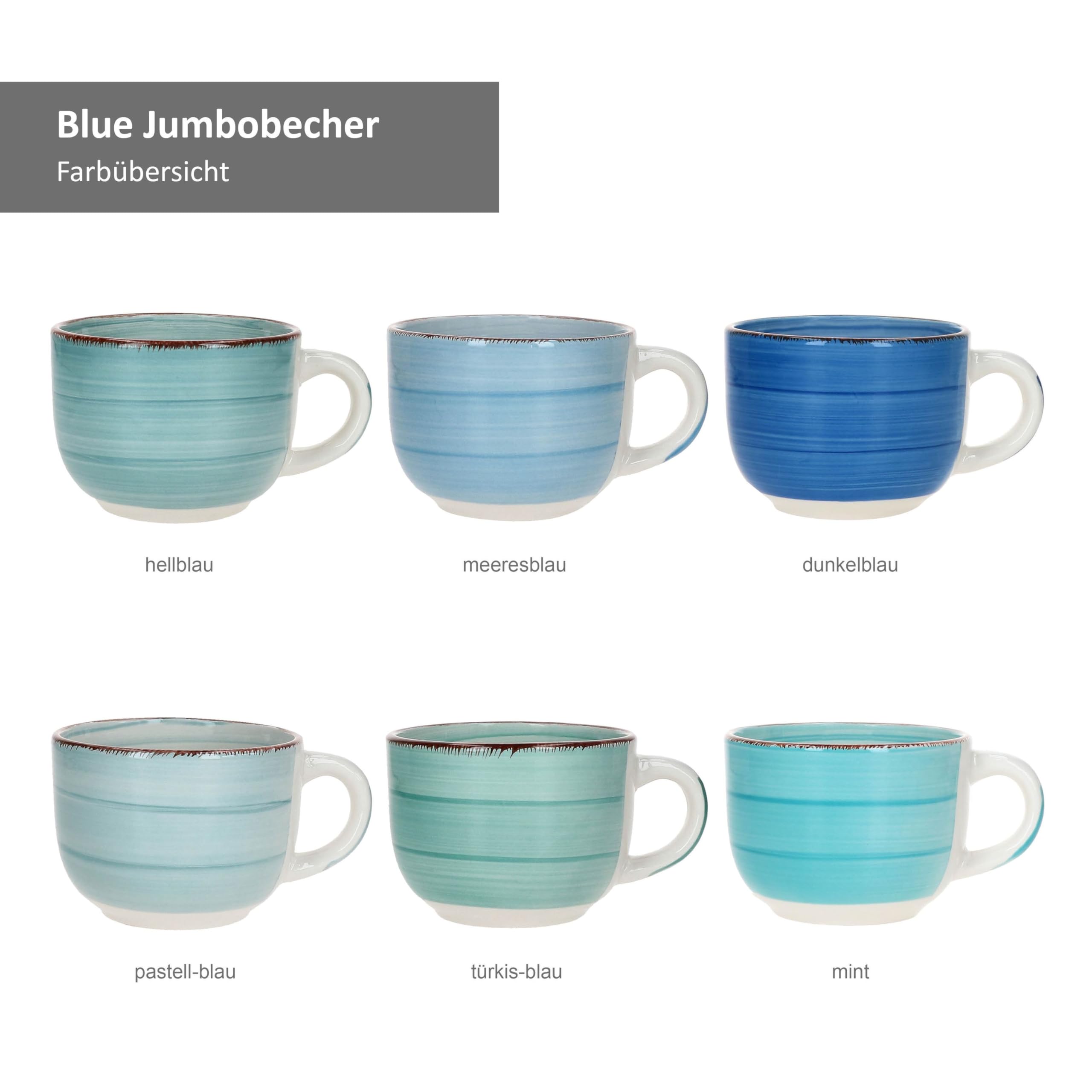MamboCat Set di 6 tazze jumbo blu, 400 ml, per 6 persone, tazze grandi in gres porcellanato, 6 diverse tonalità di blu con decorazione strudel, tazze XL per tè, caffè, cacao e Co