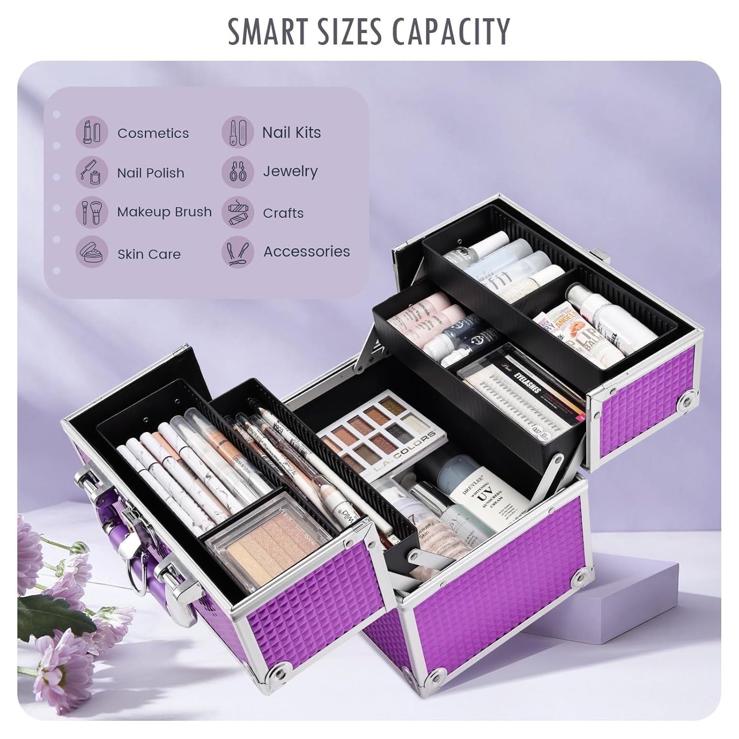 Frenessa Make-up-Box, Kosmetikkoffer, Schmuck-Organizer, Schmink-Aufbewahrungsbox, Schönheits-Zugkoffer, abschließbar, mit Schlüsseln, violett