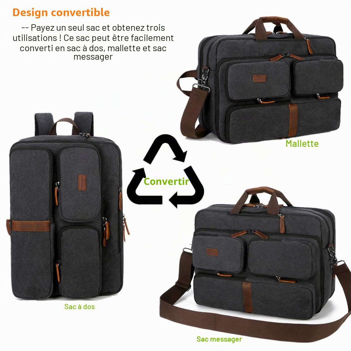 Baosha Sac à main 3 en 1 en toile et cuir convertible pour ordinateur portable - Sac à dos multifonction pour ordinateur portable de 15,6 à 17,3" - Pour homme/femme - BC-11, Noir