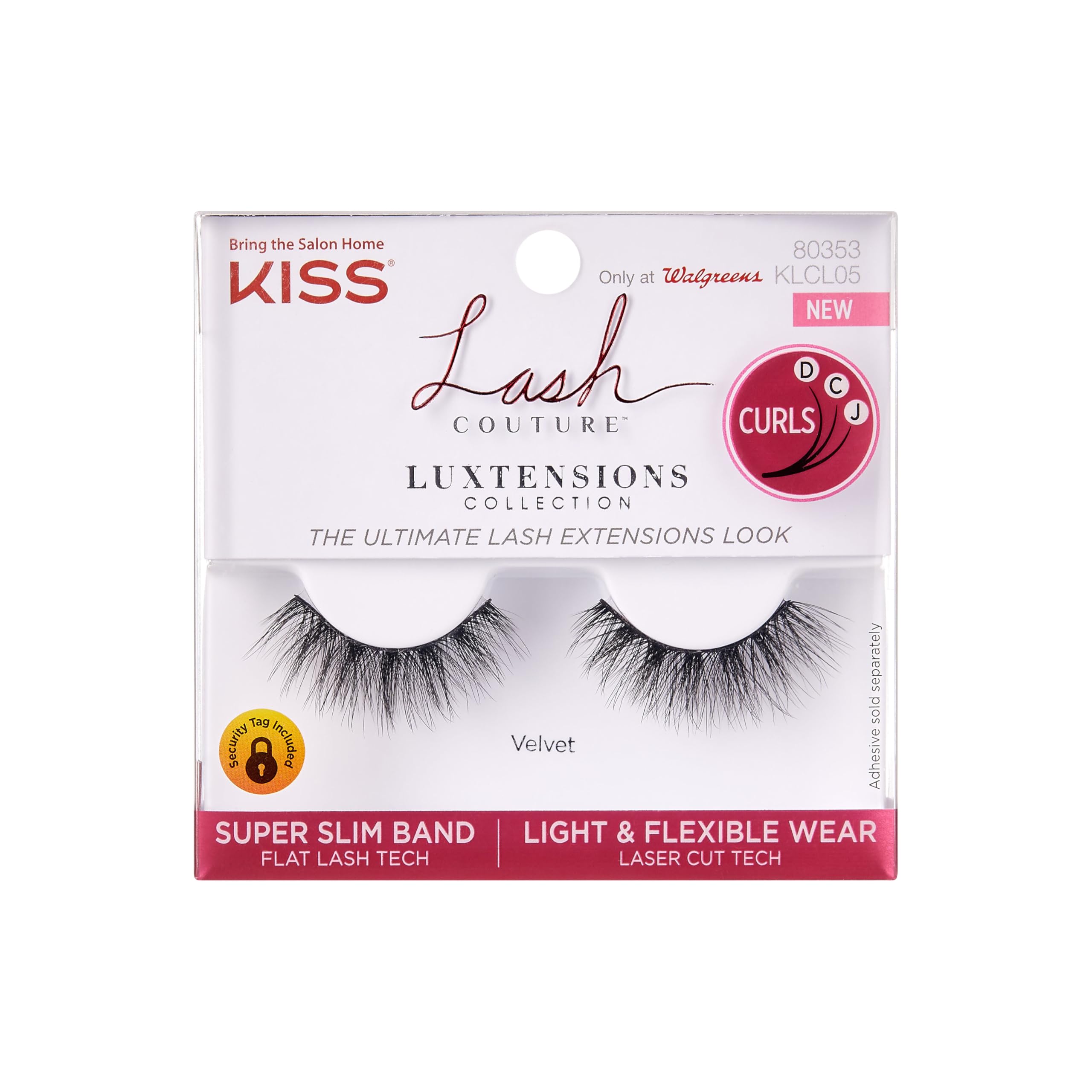 KISS Lash Couture LuXtensions Collection False Eyelashes, Flat Lash Technology, Super Slim Lash Band, Real Lash Extension Fibers, Reusable, Style ‘Velvet', 12mm, 1 Pair Strip Lashes