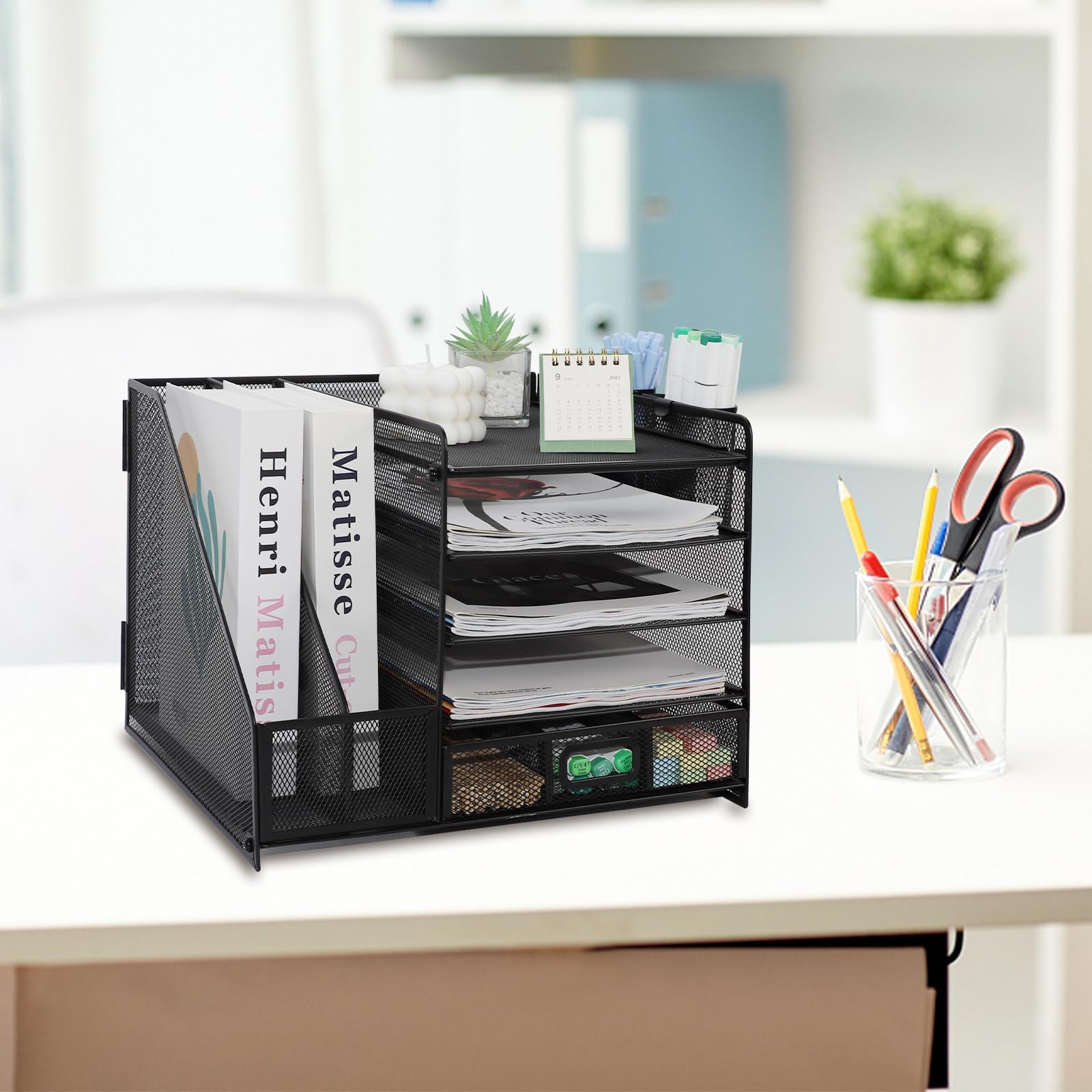 Organizador de Escritorio, 5 Niveles Malla Metálica Organizador Bandejas Papel con Estante para Archivos con Cajones 2 Bolígrafos Revistero, para Almacenamiento De Suministros Oficina