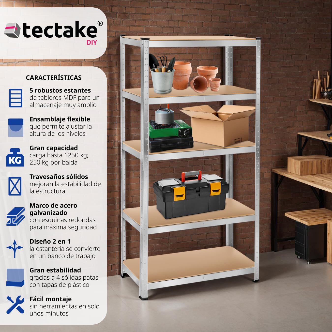 tectake® estanteria Metalica con 5 estantes, estanterias almacenaje, Carga máxima 1250 kg, Estante Ajustable, Montaje fácil, estanteria Metalica, Organizador Herramientas - 90 x 40 x 180 cm