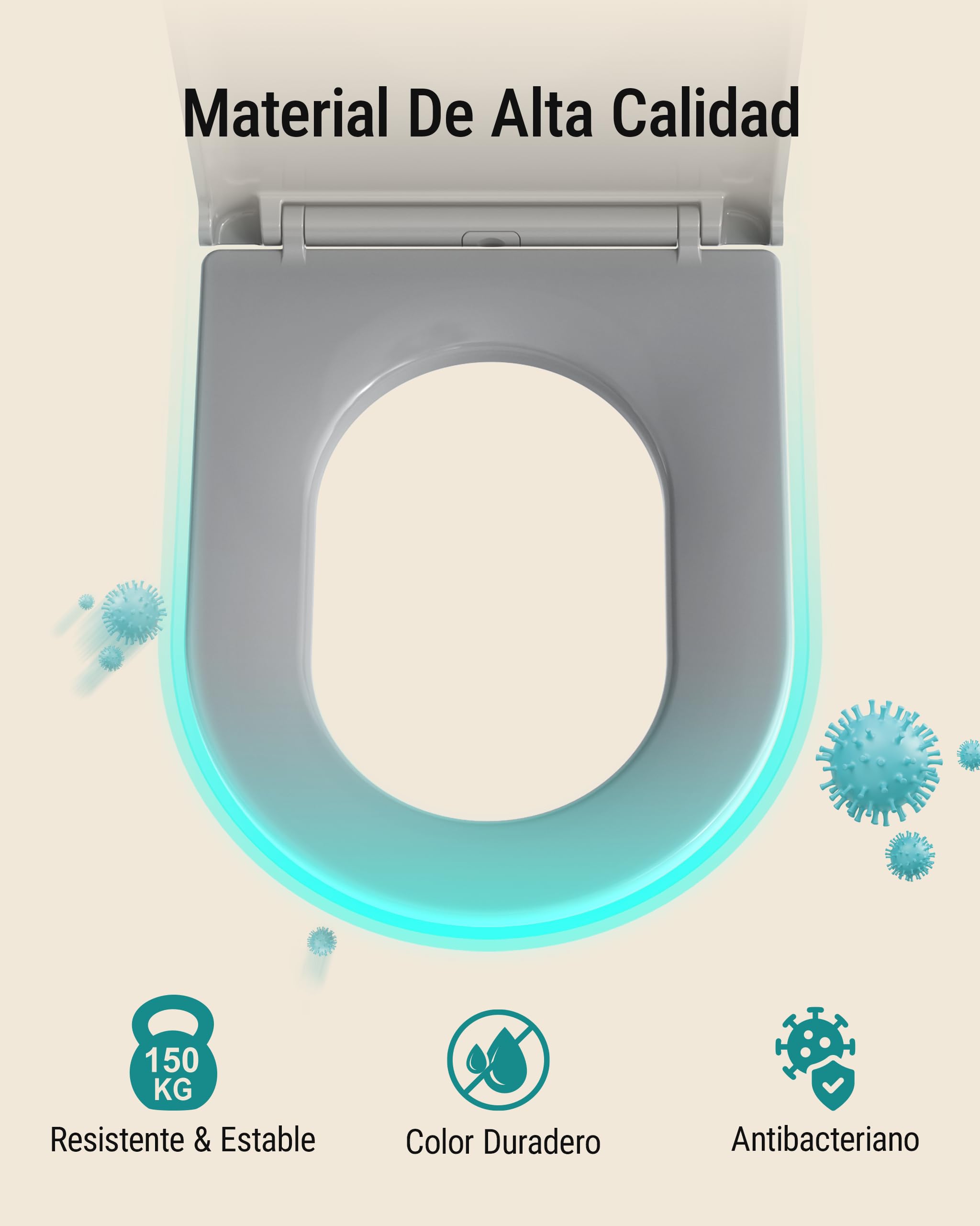 HySail Tapa WC Universal Con Cierre Amortiguado – Ecológica, Resistente a la Decoloración, Con Liberación Rápida Para una Limpieza Fácil (Gris, Forma en D Alargada)