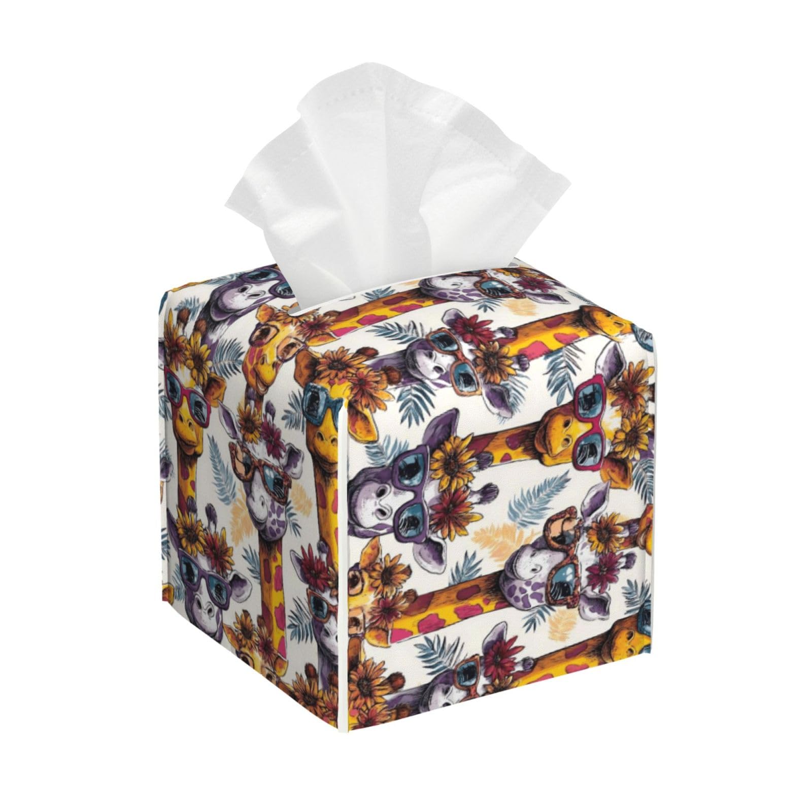 Hawaii Tropical Giraffe Print Tissue Box Cover Holder Square, Foldable Modern Cube Tissue Box Cover, Leather Decorative Organizer for Tabletop Bathroom Car Office Desk Decor