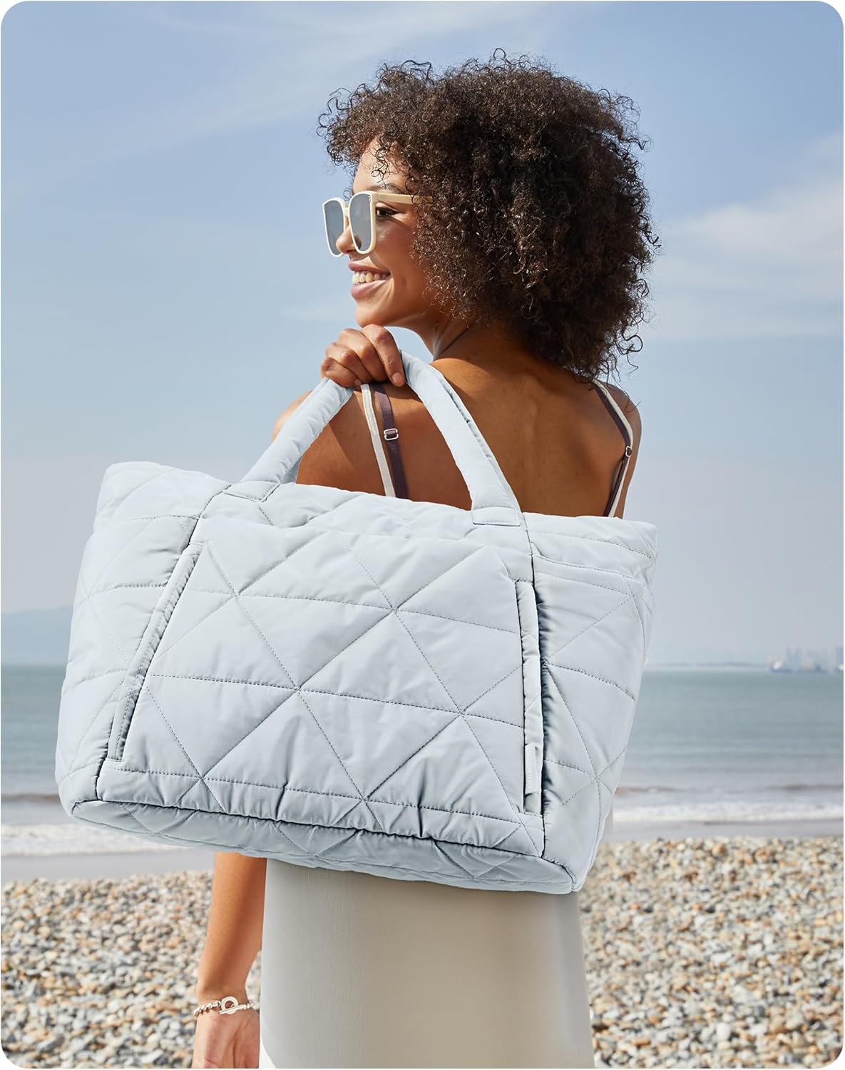 BAGSMART Tote Bag for Women, Puffer Tote Bag with Zipper, Large Quilted Shoulder Bag with Compartments for Travel, Work, Gym - Image 2