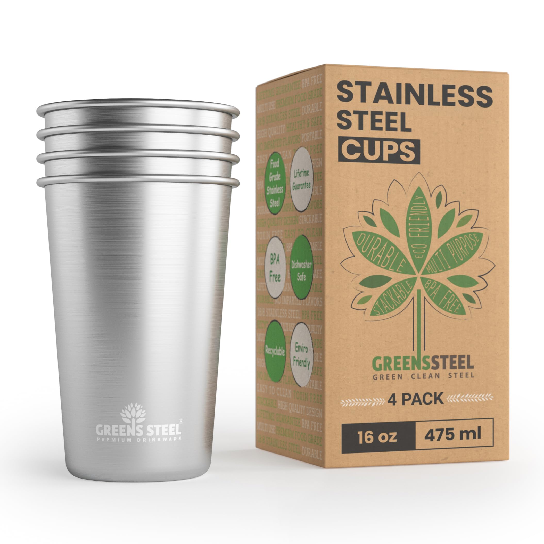 Greens Steel #1 Premium Stainless Steel Cups 16 oz/ 475ml Pint Cup Tumbler (4 Pack) Premium Metal Cups - Stackable Durable Cup