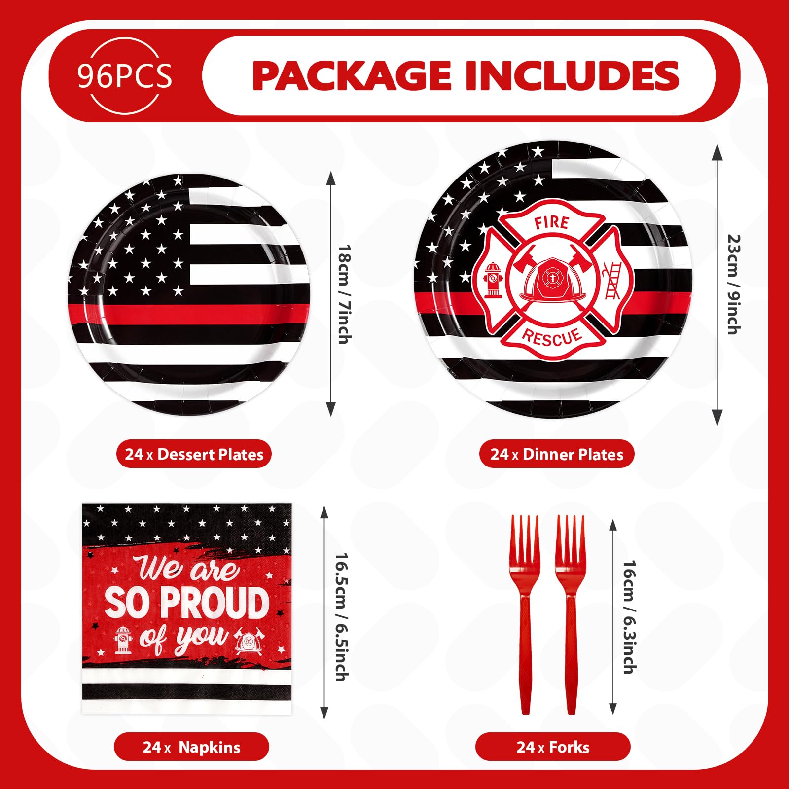96 Pcs Firefighter Party Supplies Official Thin Red Line Flag Pattern Plates and Napkins Fire Truck Red and Black Graduation Plates for EMT Firefighter Retirement Graduation Birthday Party Decorations