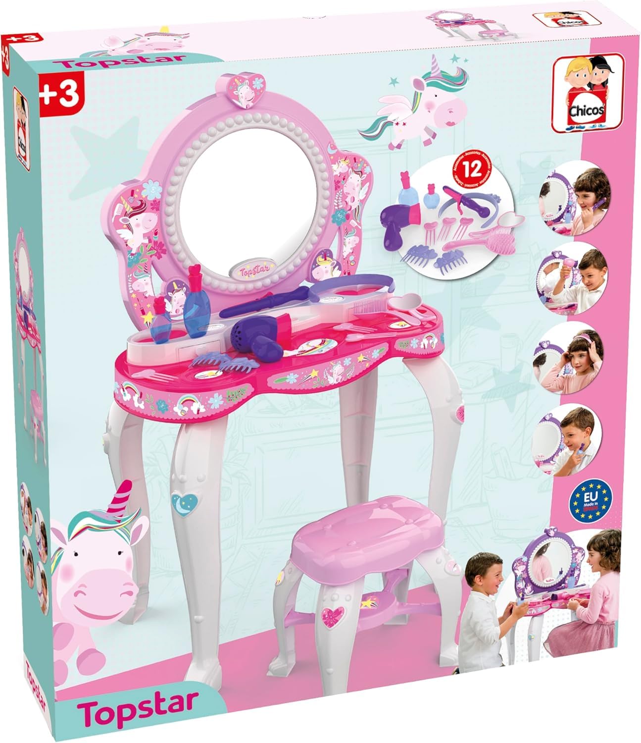 Chicos - Tocador Infantil Top Star Unicornio para Niñas | Juego de Maquillaje Infantil con Espejo y Taburete | Incluye 12 Accesorios, Secador y Diadema | Para Niñas a partir de 3 Años (87398)