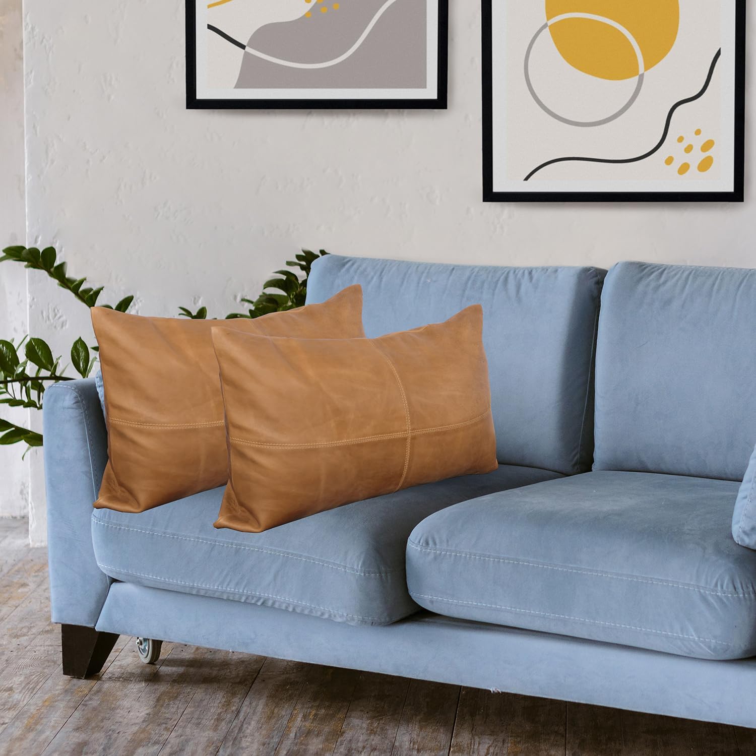 LL LEATHER LOVERS 100% Lambskin Leather Pillow Cover - Sofa Cushion Case - Decorative Throw Covers for Living Room & Bedroom, Tan Plain Pack of 2-16X24 Inch