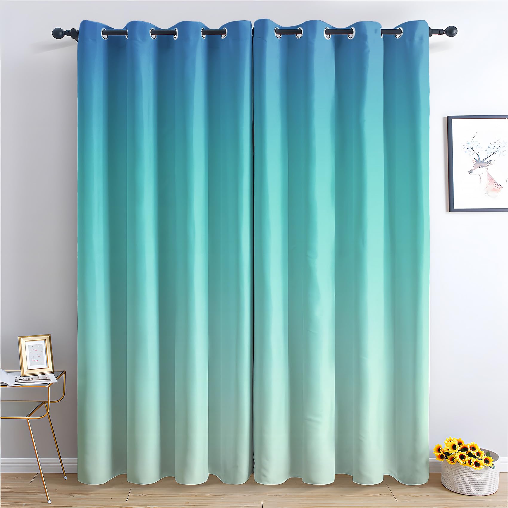 Zcwl Teal Ombre Curtains For Bedroom Living Room, Aqua Blue Gradient Patterned Blackout Curtains, Thermal Insulated Eyelet Curtain, 90 Drop Window Treatments Drapes, 66X90 Inch (W X L), 2 Panels