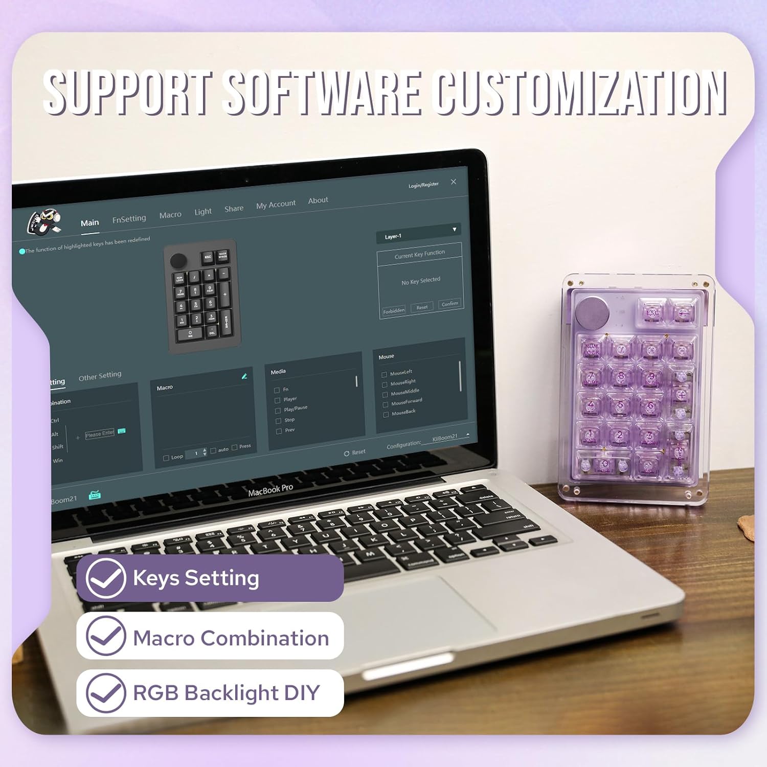 KiiBoom Phantom 21 Hot Swappable Crystal Acrylic Numpad, BT5.0/2.4GHz/USB-C Triple Mode NKRO Programmable Numeric Keypad with Knob, South-Facing RGB, 1900mAh Battery for Win/Mac (Purple)