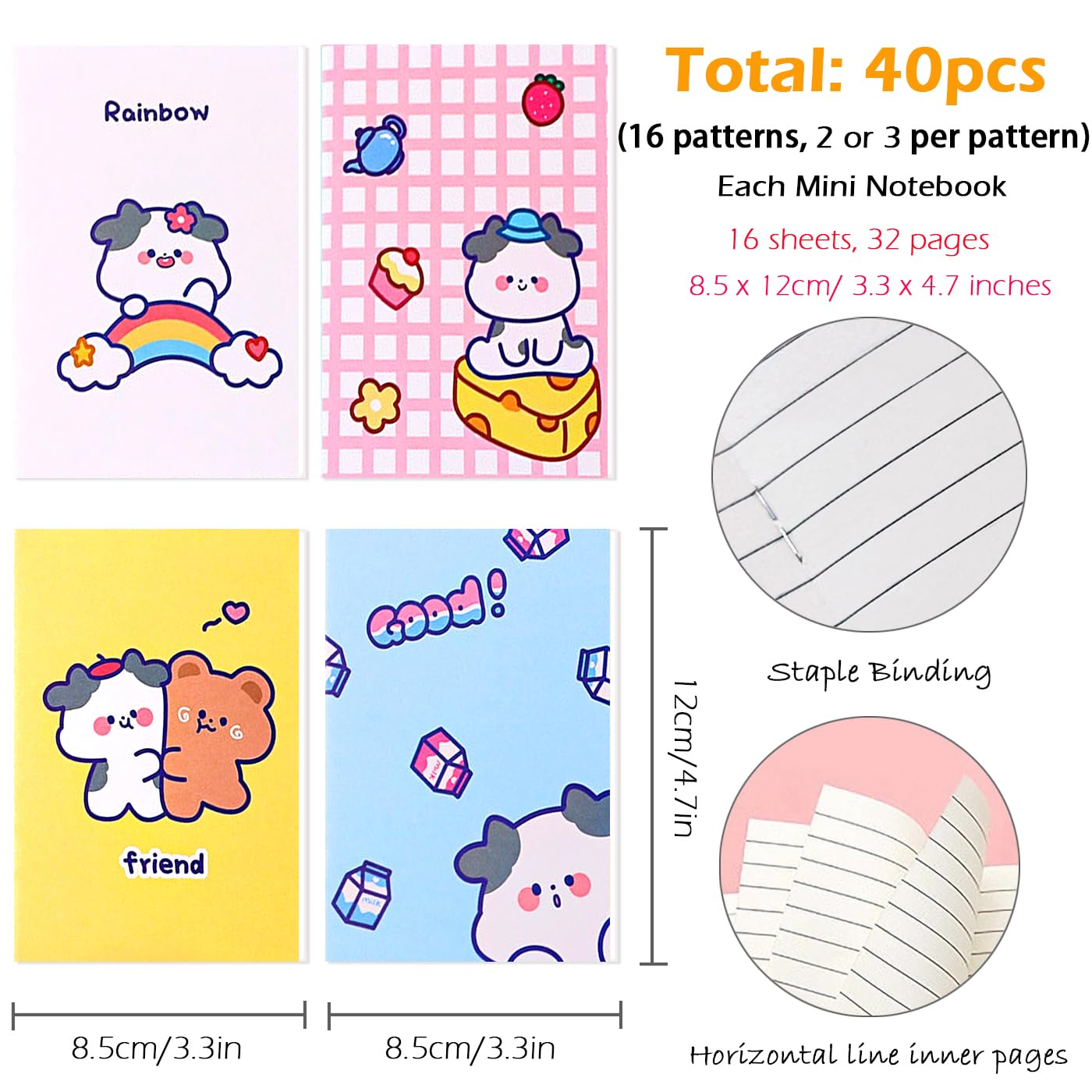 MEIYIFAN 40 Pezzi Mini Quaderno(8,5 x 12 cm), Blocchi per Appunti Tascabili, Carta di Qualità, 16 Stili, 3 Colori, Per Scuola, Ufficio, Viaggi