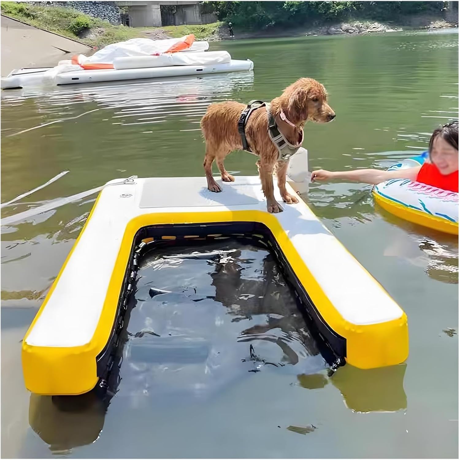 Pet Dock Platform for Large Dogs, Collapsible & Reusable Inflatable Dog Water Ramp for Dogs up to 105kg, Portable Dog Ramp for Boat, with EVA Anti Slip Pad/ 3D Steps(Yellow)