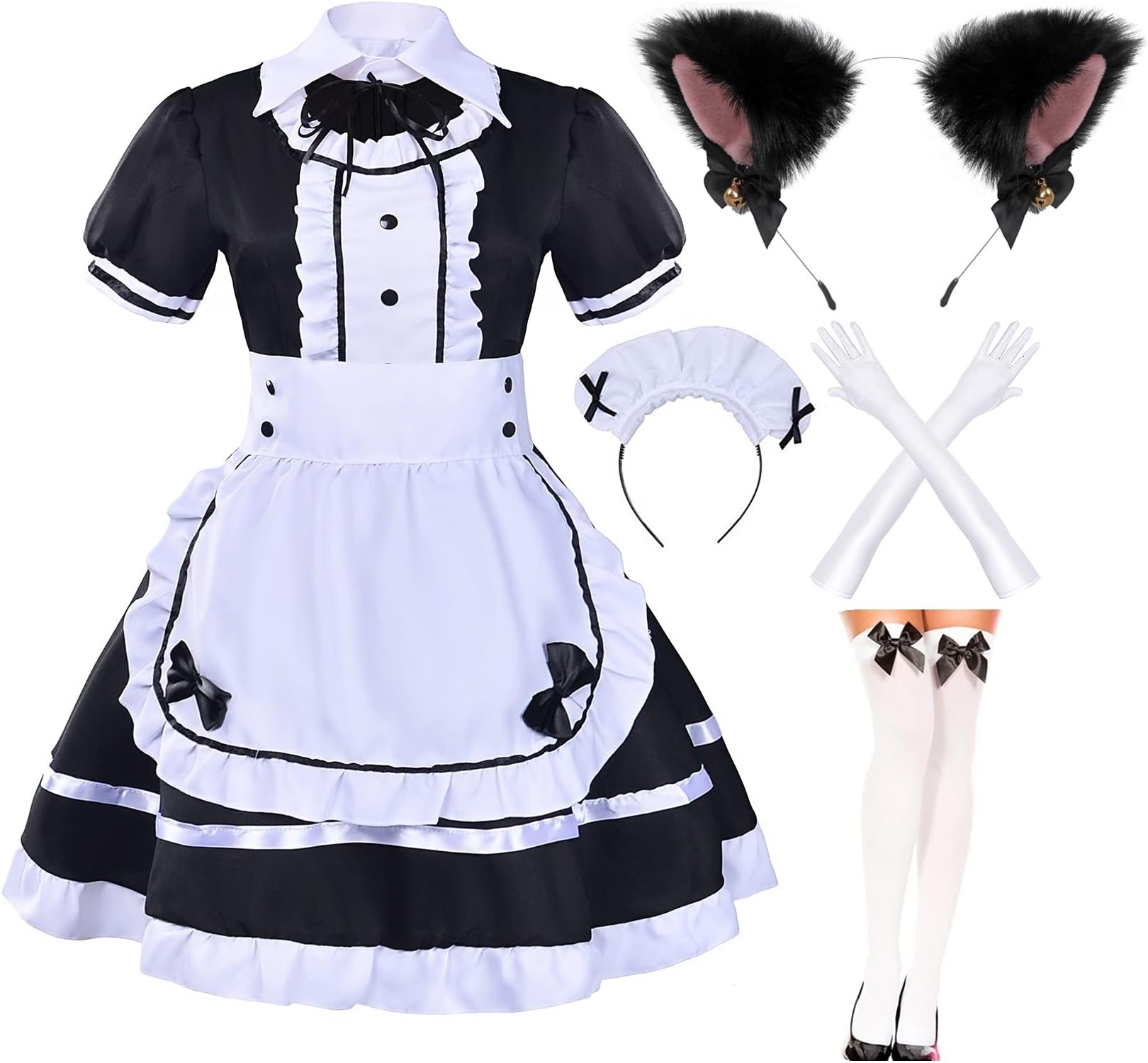 Elibelle Japanese Anime Sissy Maid Dress Cosplay Sweet Classic Fancy Apron Socks Gloves Faux Fur Cat Furry Headwear Set(S)