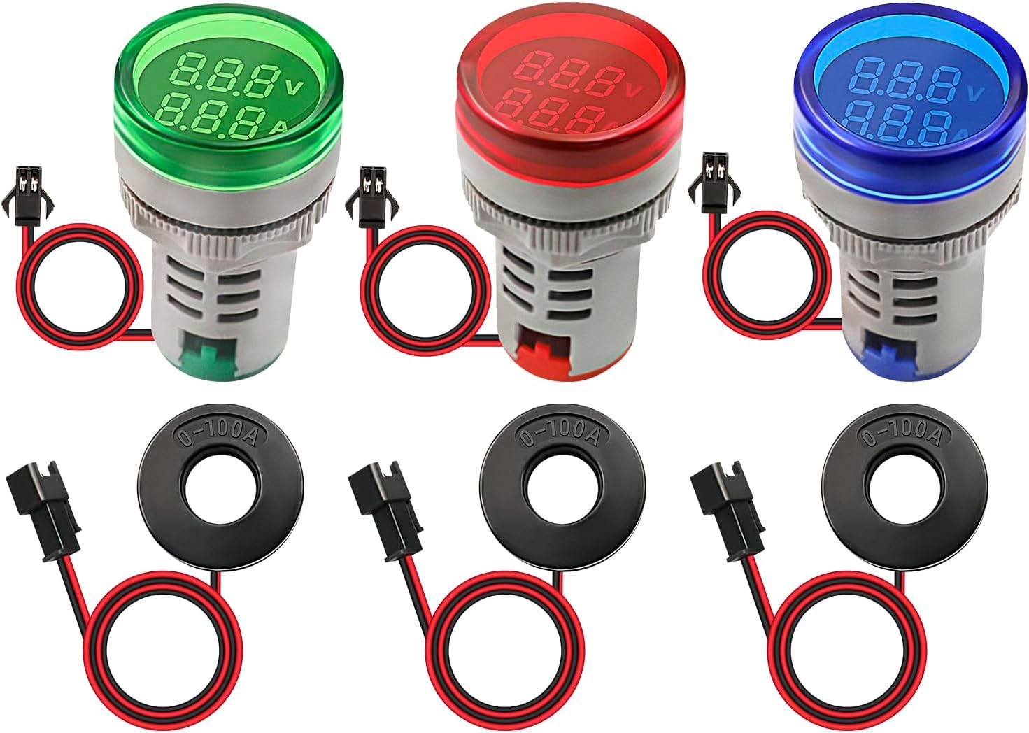 3pcs AC AC Volt Amp Meter Voltage Current Monitor Digital LED Display Voltmeter Detetor Red Green Blue Signal Indicator Light Panel