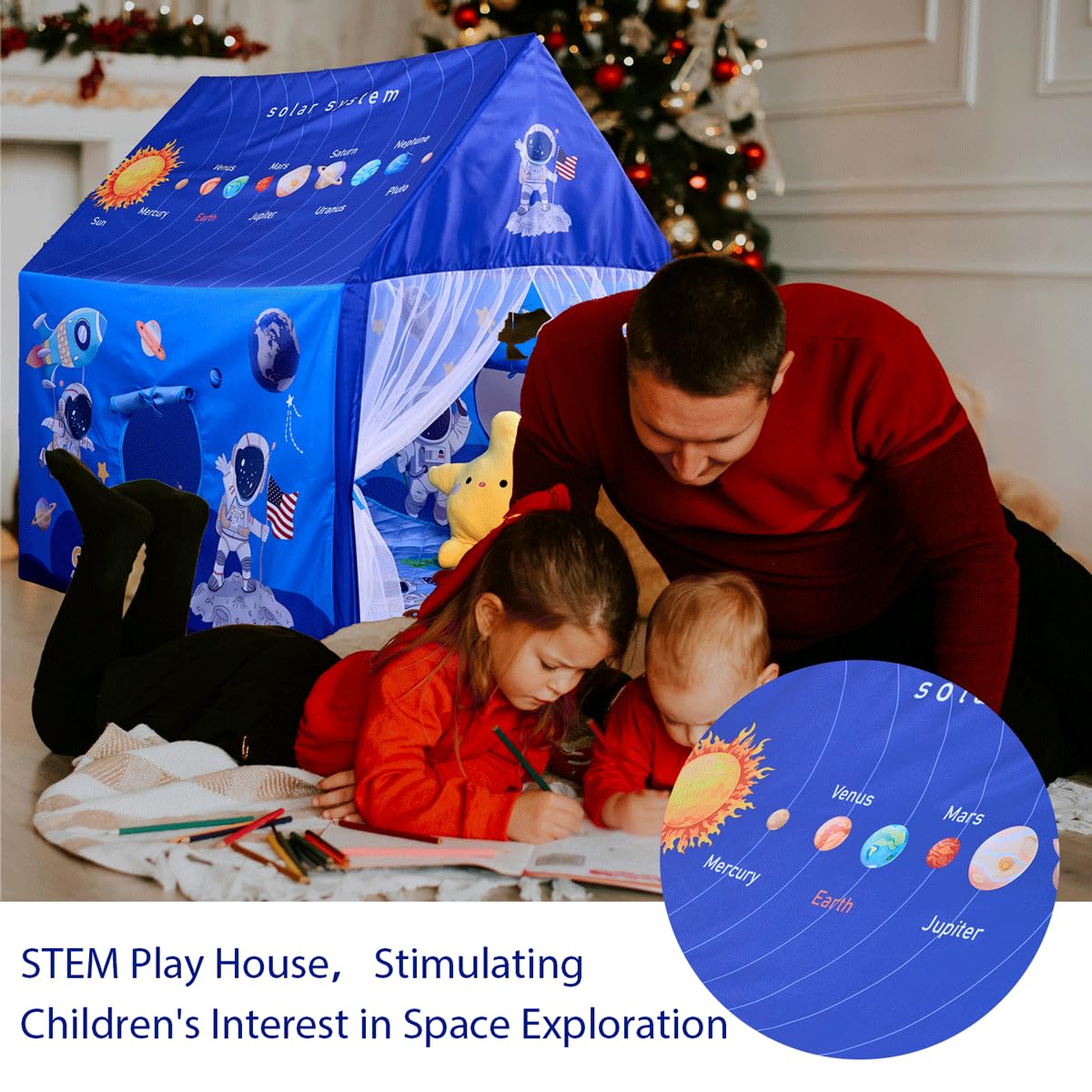 Space Rocket Ship - Tienda de campaña para niños con paspartú, luces de estrella para niños y niñas de 3 años en adelante, para interiores y exteriores, juego de tienda de campaña, tamaños de 6