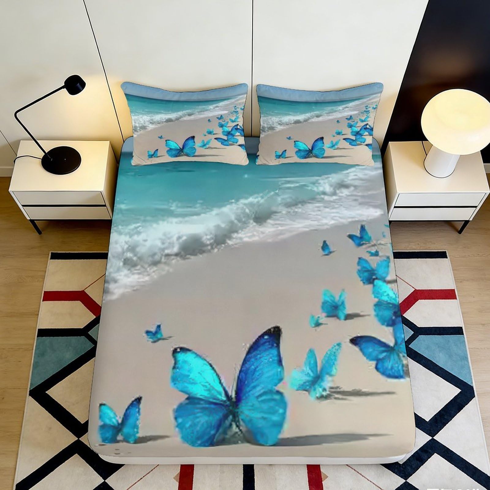 3D Printed Butterfly Ocean Fitted Sheet Microfiber Deep Pocket Bedroom Bedding Beach Mattress Fitted Cover Elastic Hem Washable All Ages 90x200x25cm