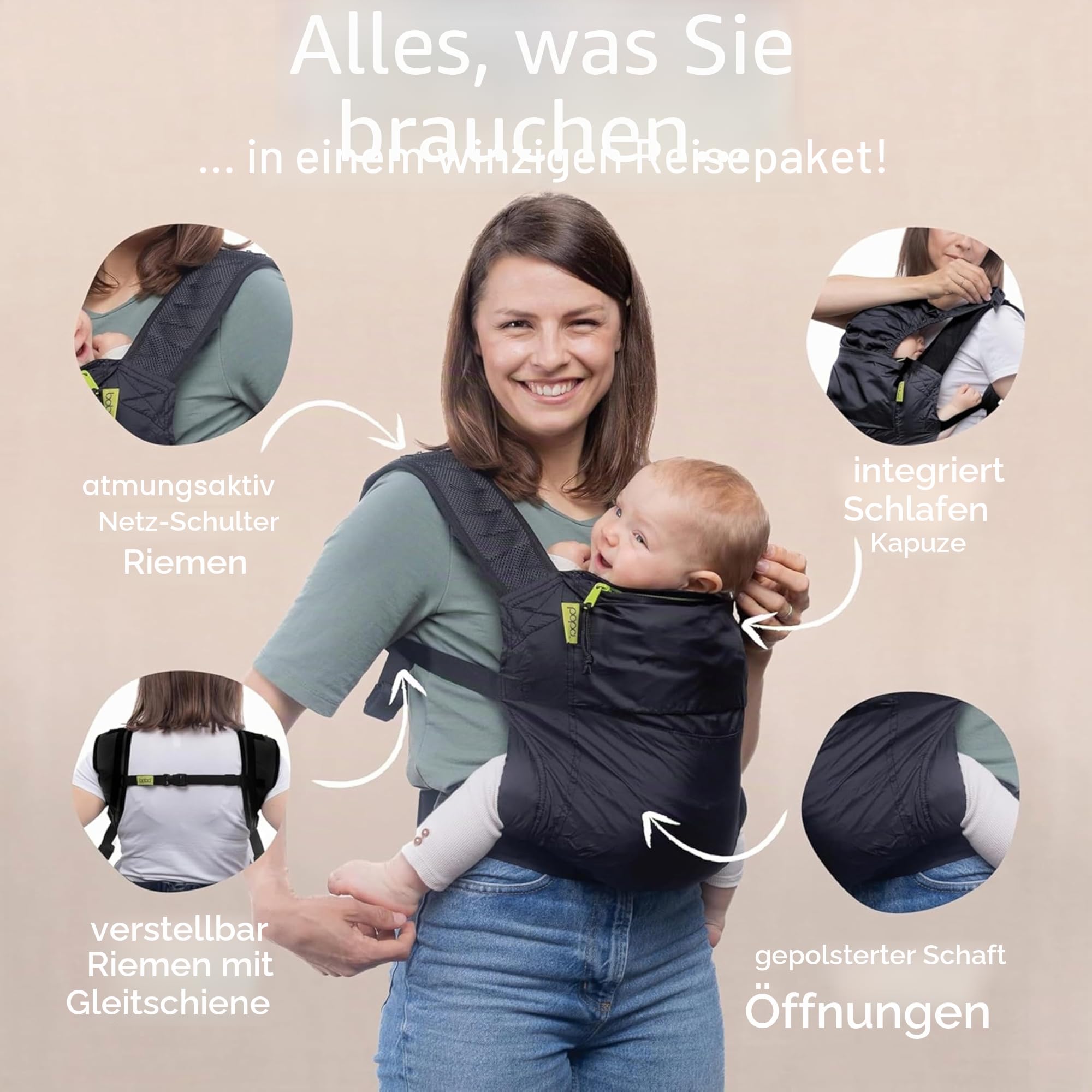 Boba Air Leichte Babytrage & Kleinkindtrage 7-20 kg, Faltbar, Schwarz | Faltbar in die eigene Tasche für Reisen & Wandern, zertifiziert Hüftgesunder Ergonomischer Sitz, Bauch- & Rückentrage.