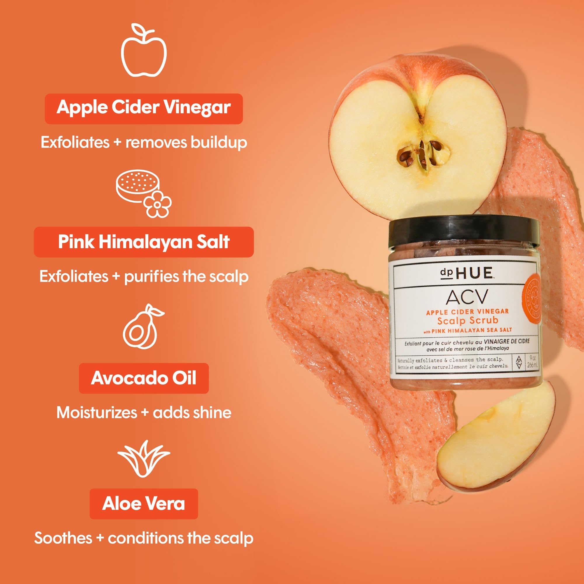dpHUE Apple Cider Vinegar Scalp Scrub with Pink Himalayan Sea Salt, 9 oz, Natural Exfoliating Scrub & Dry Scalp Treatment - Image 2