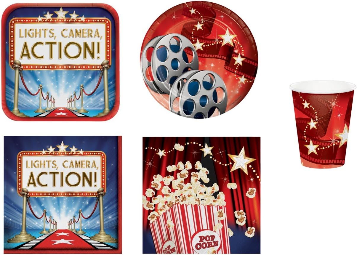 Movie Theme Party Supplies - Hollywood Lights Plates Napkins Cups - Party Decorations Set for 16