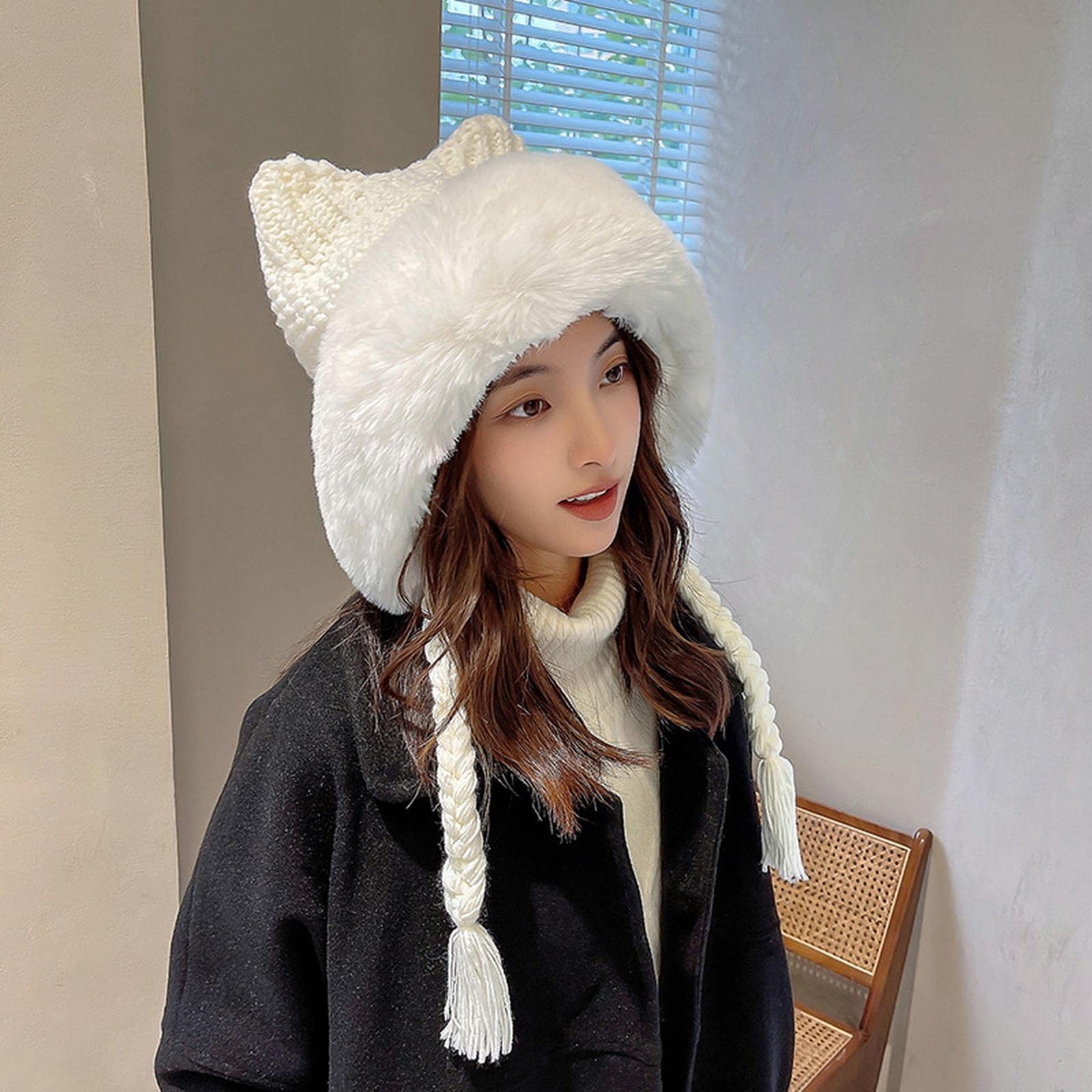 Cappello Donna Donne Inverno Caldo E Carente Cazzo di Gatto da Gatto Lady Kawaii Berretto A Crochet Berretto Cappello con Treccia per Donne