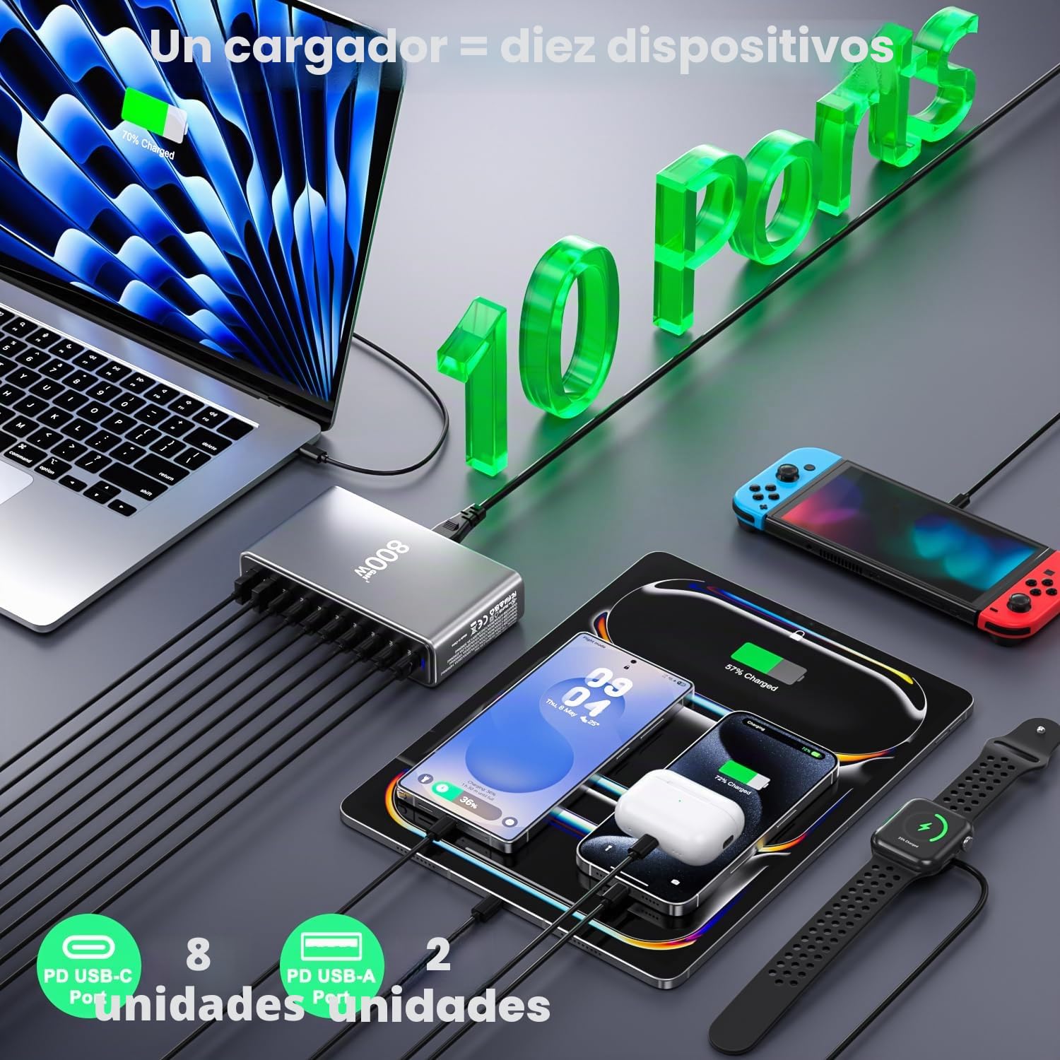Cargador USB C de 800 W, Charger USB de 10 Puertos, Cargador rápido para Ordenador portátil, Fuente de alimentación PD Compatible con MacBook Pro/Air/DELL/iPhone/Galaxy/portátil/Tableta/móvil