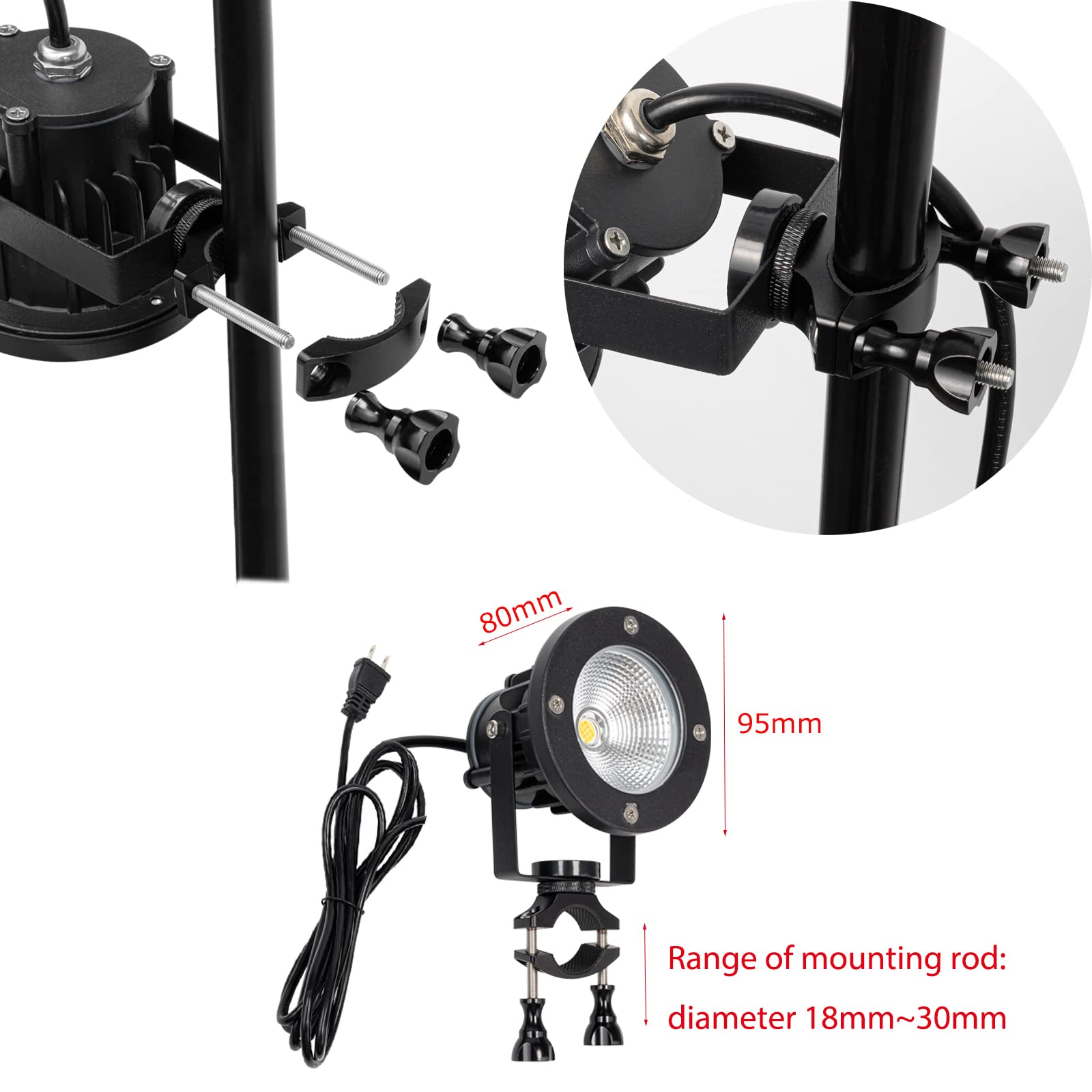 KAYYELAMP 9.84 Ft Plug in Clip Spotlight Waterproof Remote Control Dimmable Adjusted Angle Rotated Black Metal Clamp Spot Lamp Can Be Fixed to The Post Rod Spot for Courtyard Outdoor Lighting Fixture