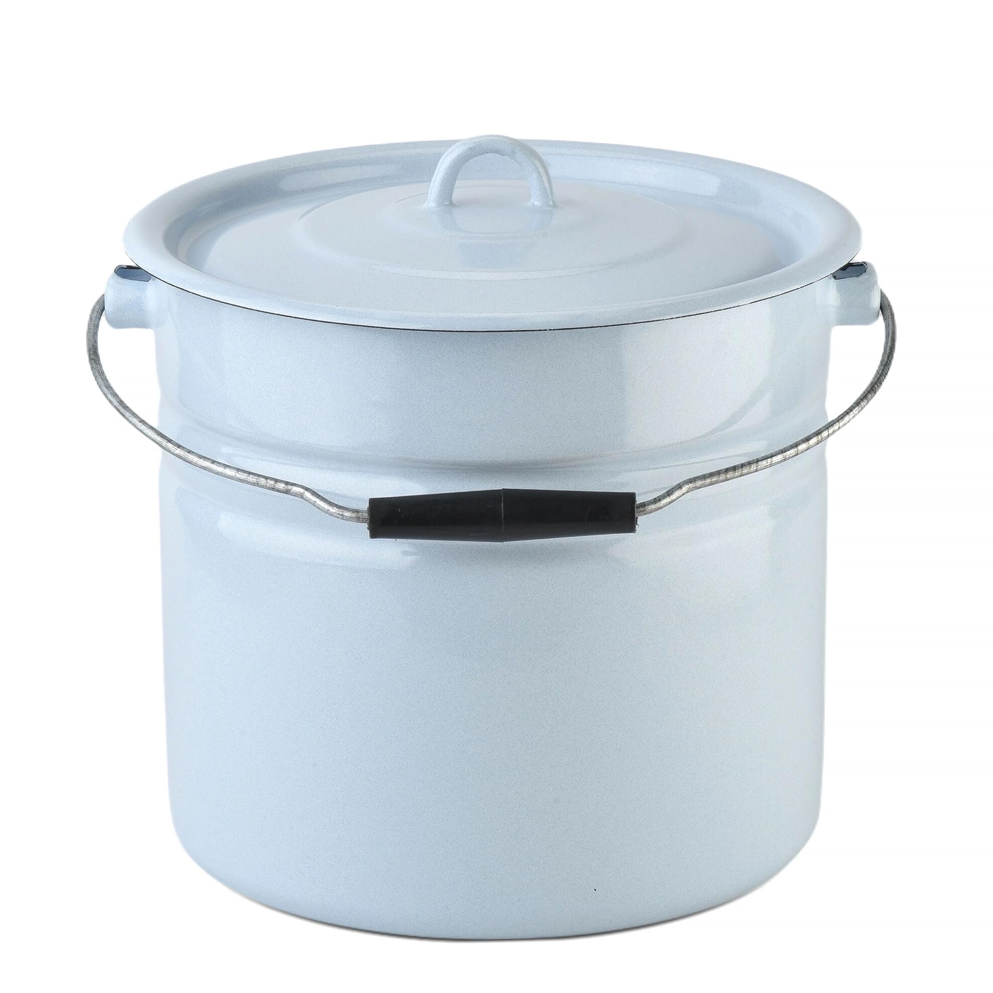 Light Blue Enamel Cylindrical Bucket with Lid 12.7 Qt (12 L) Enameled Steel Kitchen Bucket for Storing Water Grains or Tools
