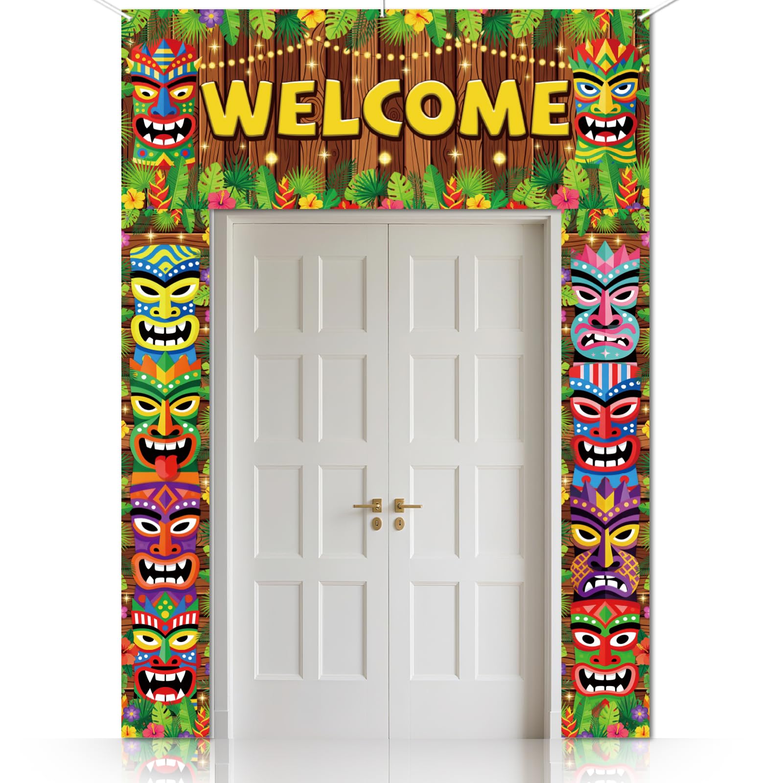 CUTHOLLOW 3PCS Hawaiian Mask Party Decorations Porch Sign Banner, Hawaiian Mask Party Pattern Party Decorations Hanging Welcome Door Banner for Photo Backdrop Birthday Party Supplies