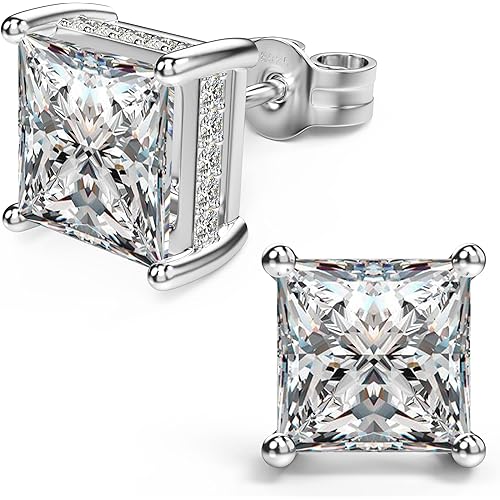 18K White Gold Plated Sterling Silver Princess Cut Cubic Zirconia Stud Earrings Square Simulated Diamond CZ Stud Earrings for Women Men Hypoallergenic