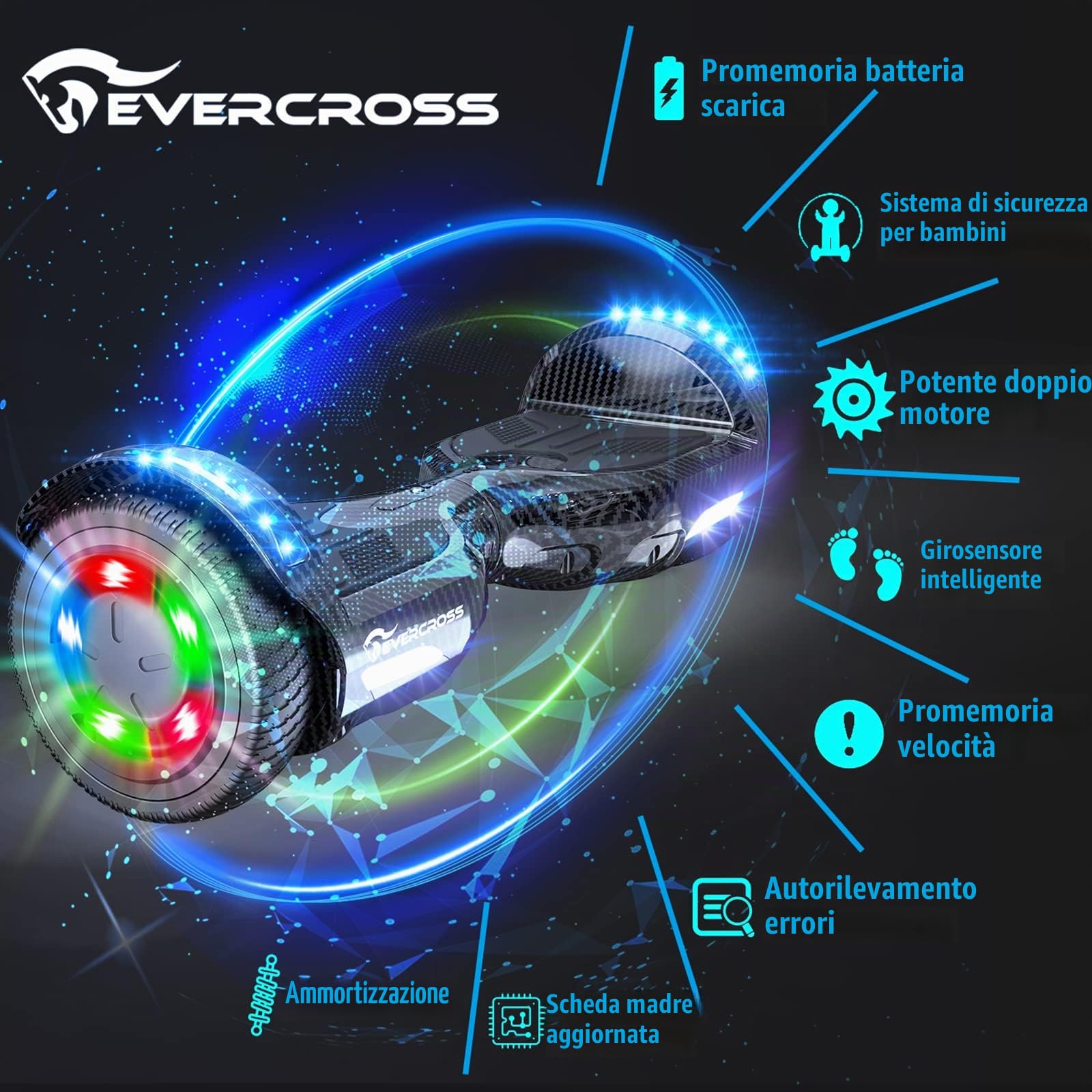 EVERCROSS Hoverboards con Sedile 6,5 Pollici, Bluetooth e Luci LED Colorate | Hover Board Go Kart per Bambini e Adulti, fino a 15 km/h e 10–15 km di Autonomia, Doppio Motore, Carico Massimo 100 kg