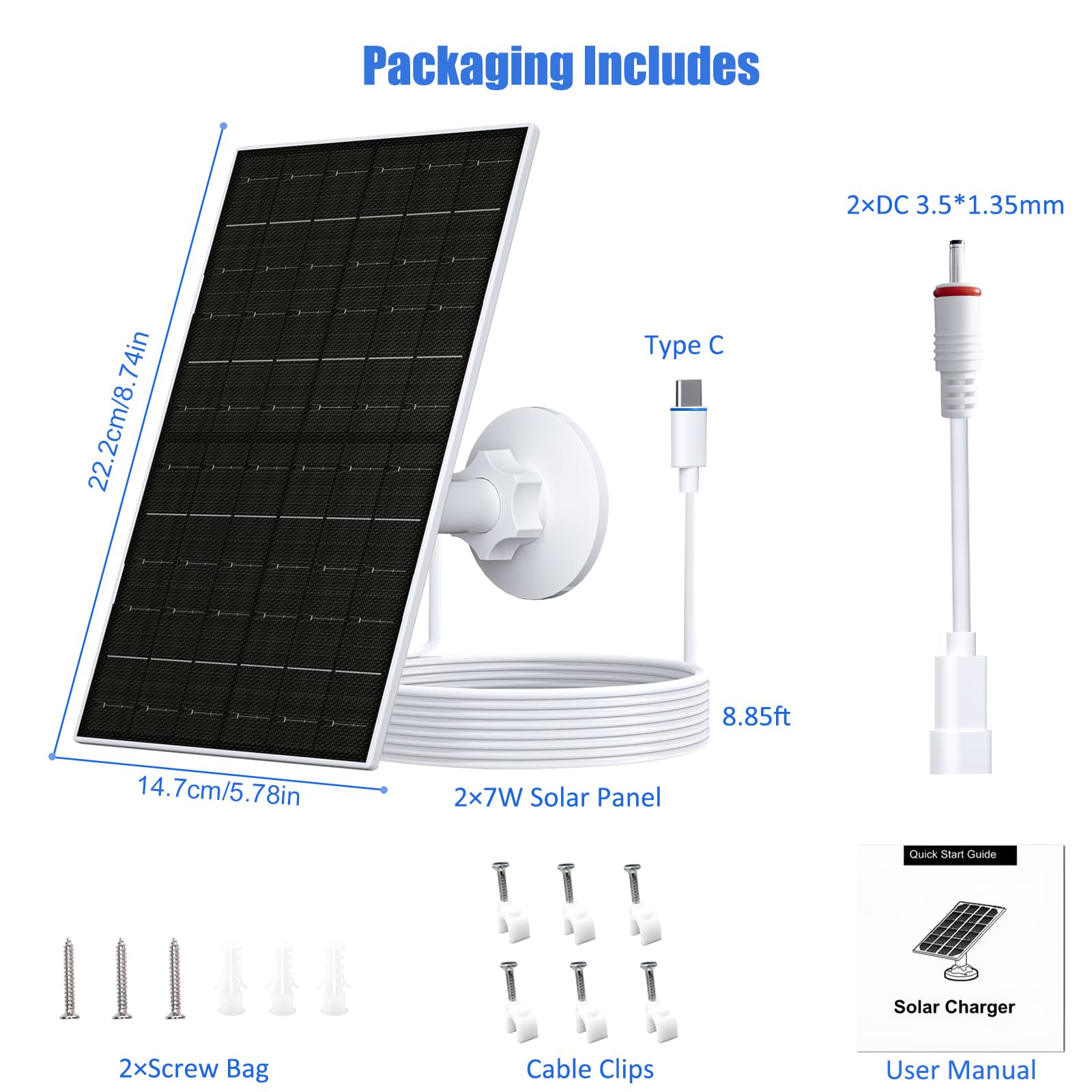 Panel słoneczny 7 W do kamery pierścieniowej, ładowarka solarna z portami USB-C i 3,5 mm do serii Ring Stick Up i Spotlight Cam, wodoodporność IP66, regulowany uchwyt 360°, kabel do ładowania