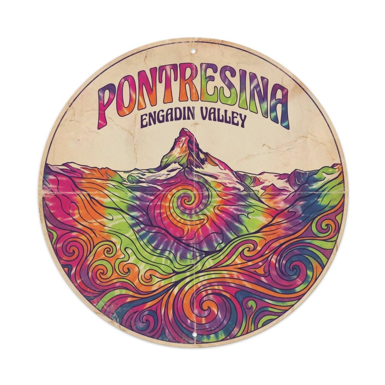 Pontresina Switzerland Engadin Valley Vintage Mountain Travel Metal Tin Sign Plaque Wall Decor for Cafe, Man Cave, Club Bar, Office, Home Garden Round Metal Poster 8x8Inch