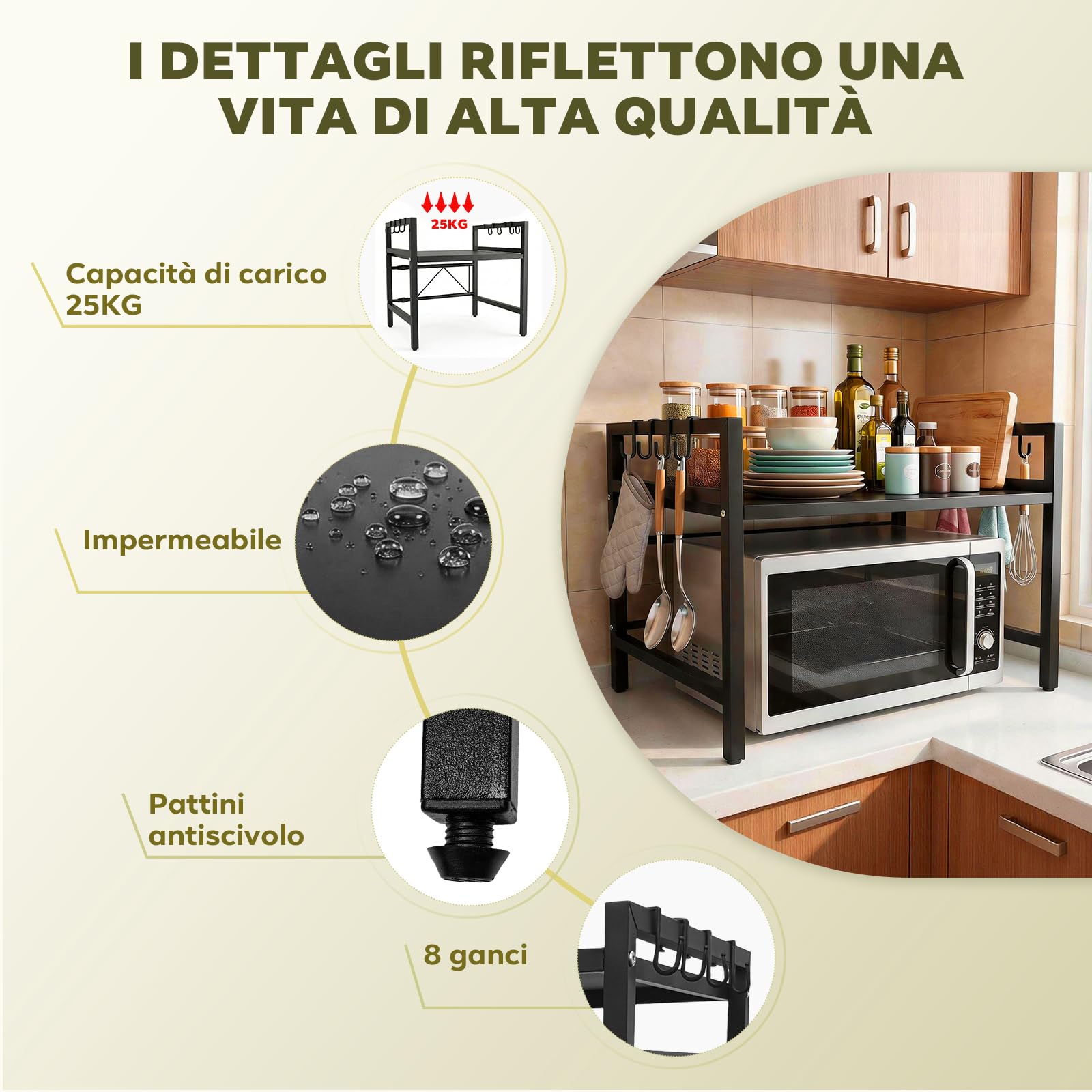 Supporto Regolabile per Microonde e Forno – Ripiani per Elettrodomestici da Cucina, con 8 Ganci per Spezie & Utensili, Antiruggine, Nero