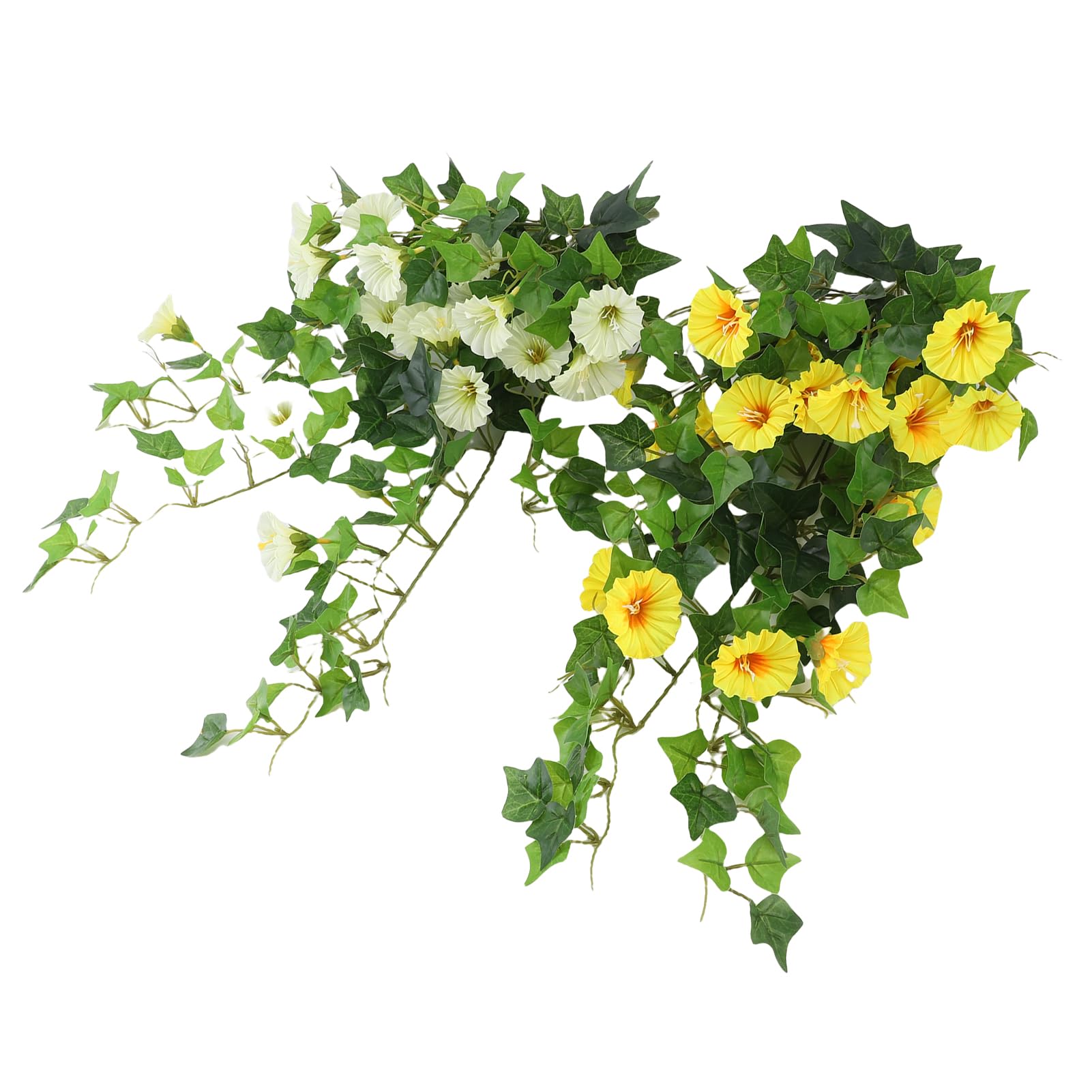 Cocoarm Sztuczna Girlanda z Kwiatów Tkanina i Plastik Sztuczna Wisząca Morning Glory 50 Cm Gradalne Płatki Kształtowane Winorośle na Wesele Patio Balkon Dekoracja ścienna (Biało żółty)
