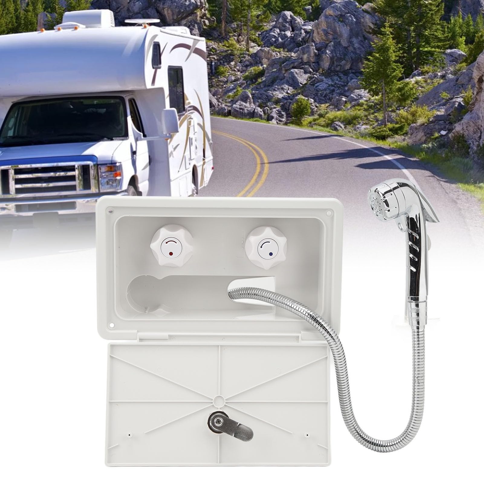 Akozon Kit de Caja de Ducha Exterior 1,5 M Manguera de Metal Al Aire Libre Lavado Spray Caja Conjunto para RV Autocaravanas Campervans (Blanco con Tubos Metálicos)