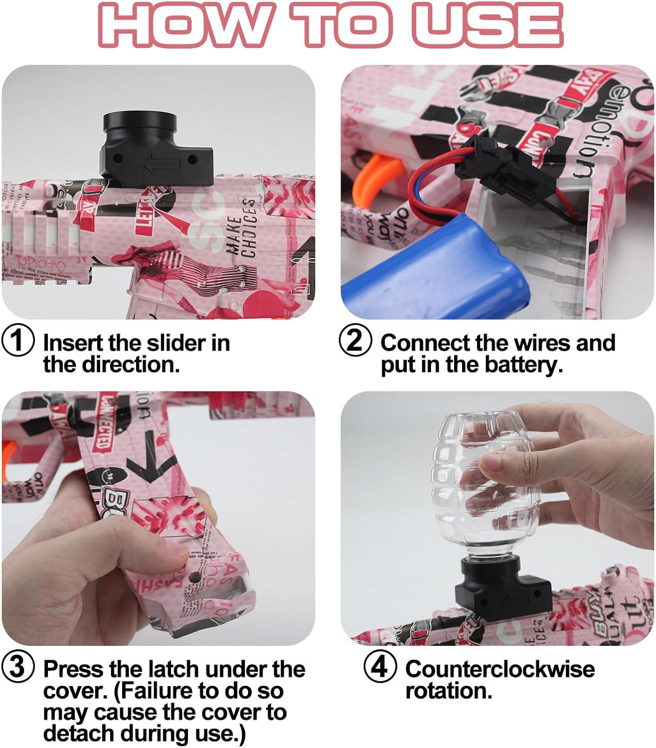 BIU BLASTER Gel Ball Blaster Pink Graffiti Electric Splatter Blaster with Goggles Rechargeable 7.4V 500mAh Battery for 14+ Ages