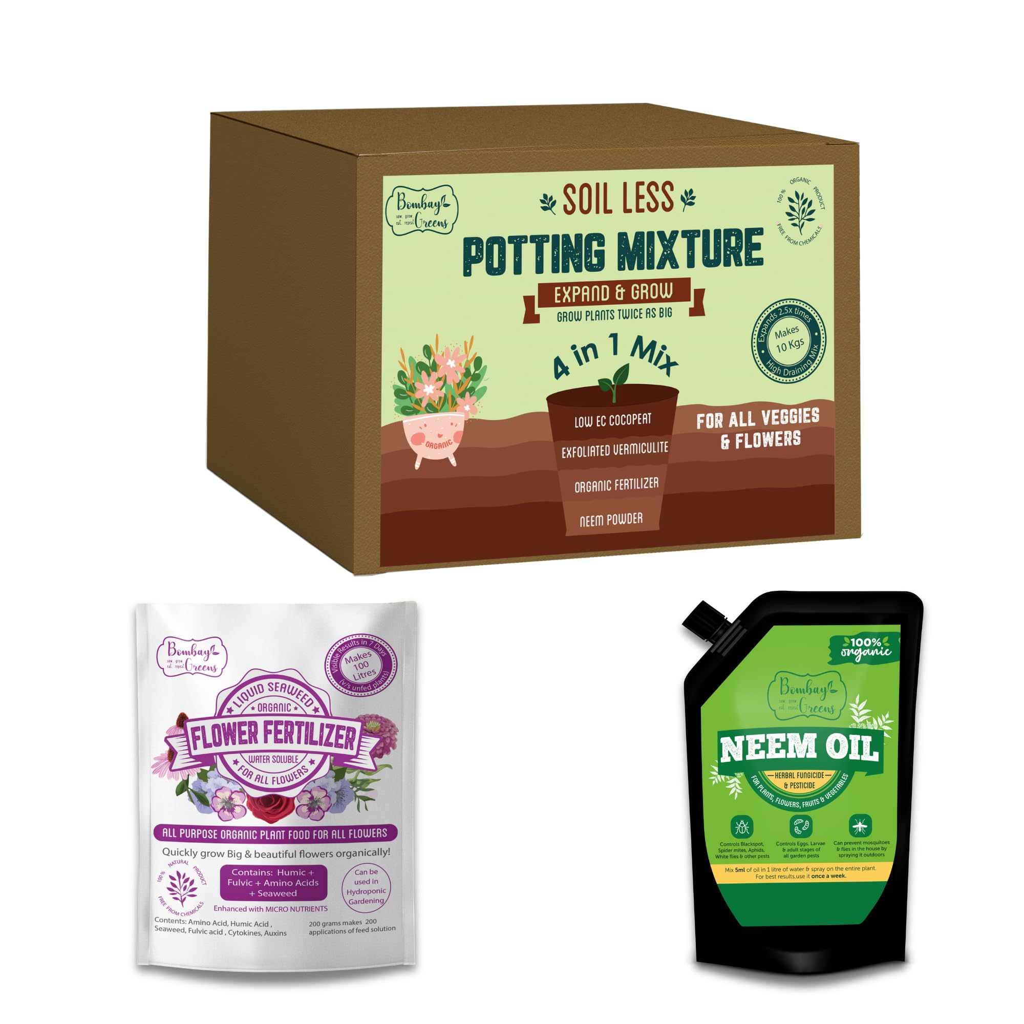 Bombay Greens 4 in 1 Organic Soil Less Potting Mix with Flowering Fertilizer For All Plants and Cold Pressed Neem Oil (B09Q65QCGR) Amazon Price History, Amazon Price Tracker