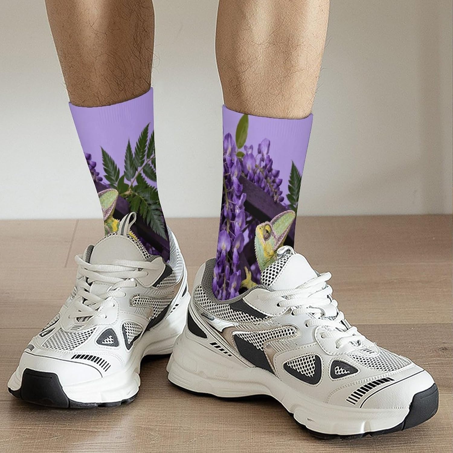 Chameleon on Wisteria Crew Socks Moisture Wicking Ankle High Cushioned Arch Support Seamless Toe Athletic & Casual