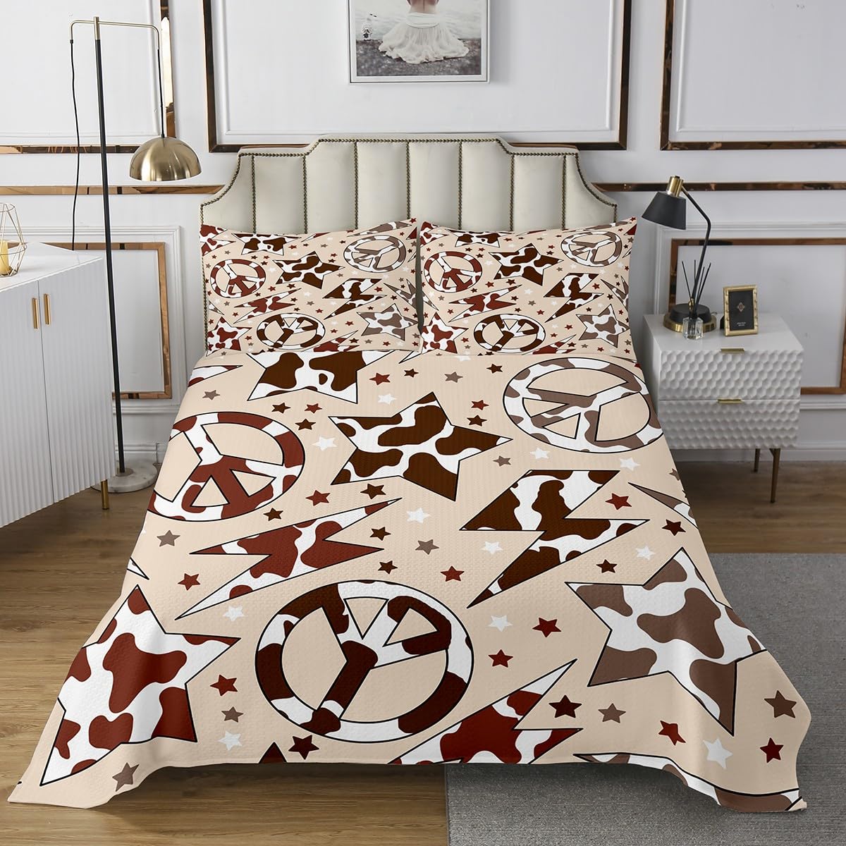 Manfei Cartoon Flash Kids Bedspread King Size,Stars Peace Sign Lightning Coverlet Set,Boys Girls Room Decor,Western Cowboy Rustic Farmhouse Quilted Coverlet,Brown Retro Bedding Quilt,2 Pillowcases