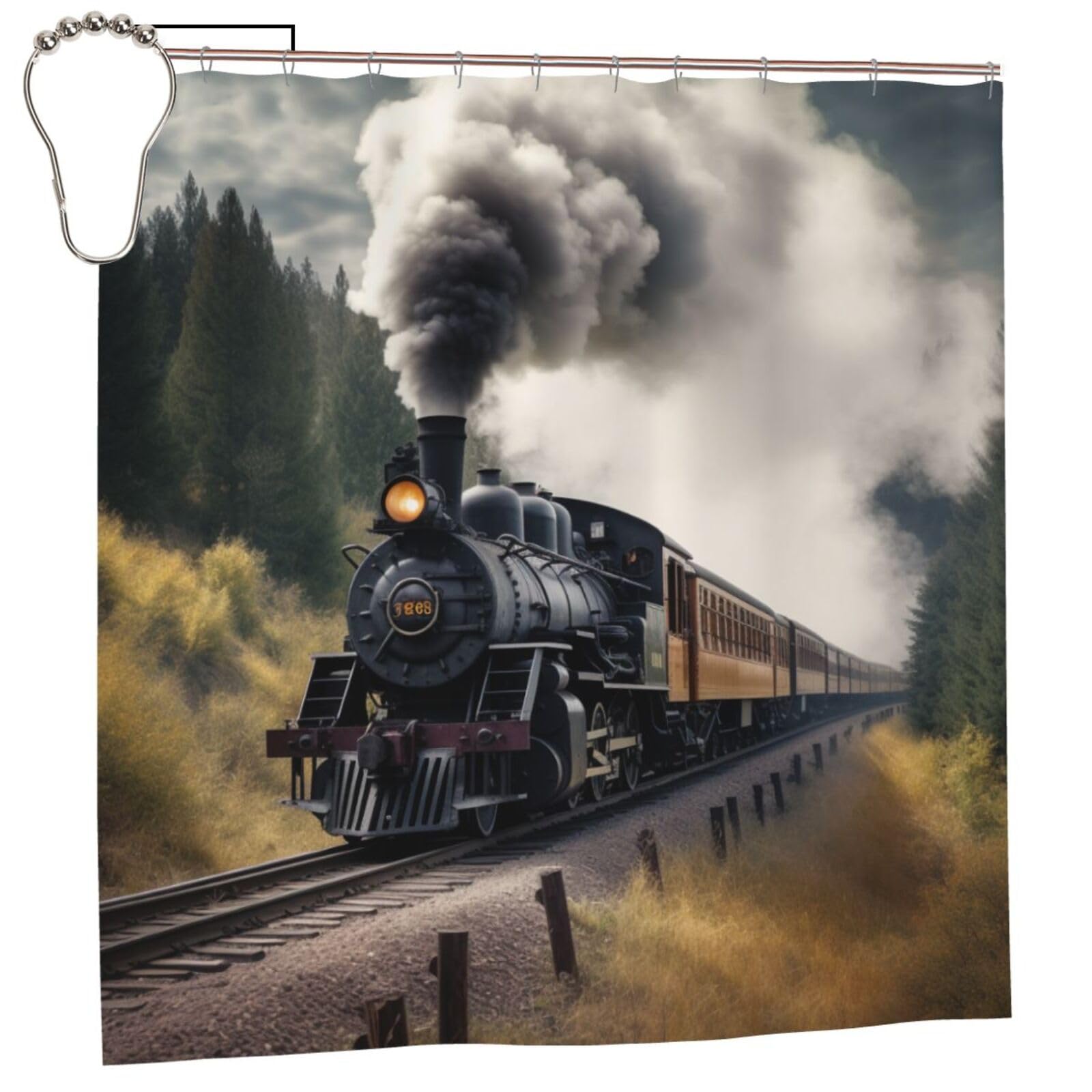 BWWHCCTI Steam Train Printed Shower Curtain With 12 Iron Hooks Opaque Quick Drying Waterproof Shower Curtains Sets For Bathroom 183x183 CM
