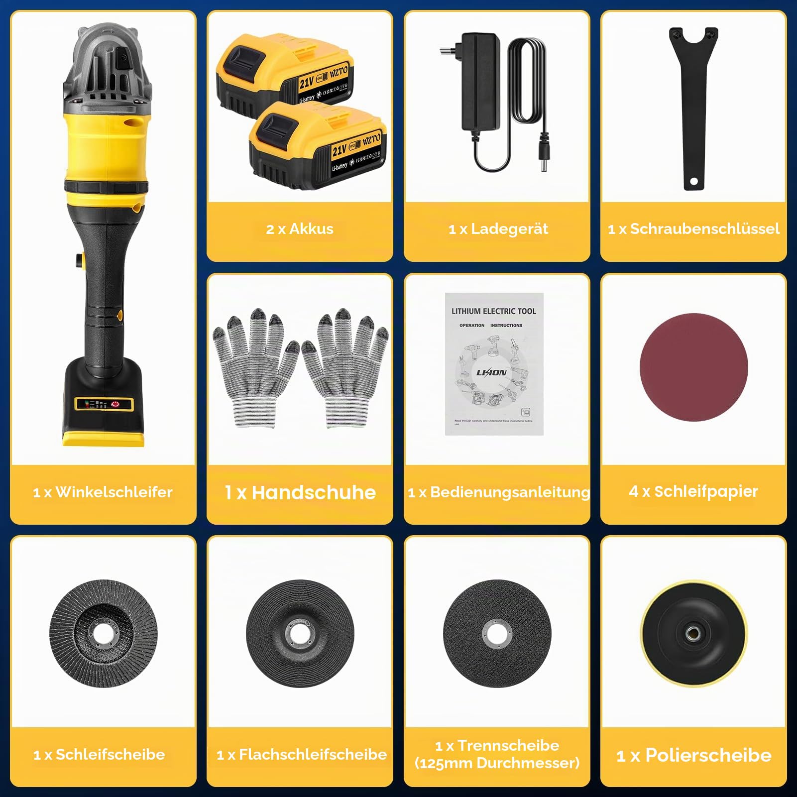 Akku Winkelschleifer, 21V Winkelschleifer Akku mit 2x500mAh Akku, 125mm Scheibendurchmesser, 45mm Schnitttiefe, Schleifplatte, Schleifblatt, Ladegerät, für Stein, Metall, Beton und Fliesen