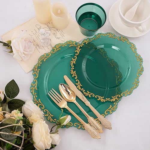 Miniatura 6 de PULOTE 175 platos de plástico verde, platos de plástico transparente con borde verde, platos desechables verdes, incluyen 25 platos de cena, 25