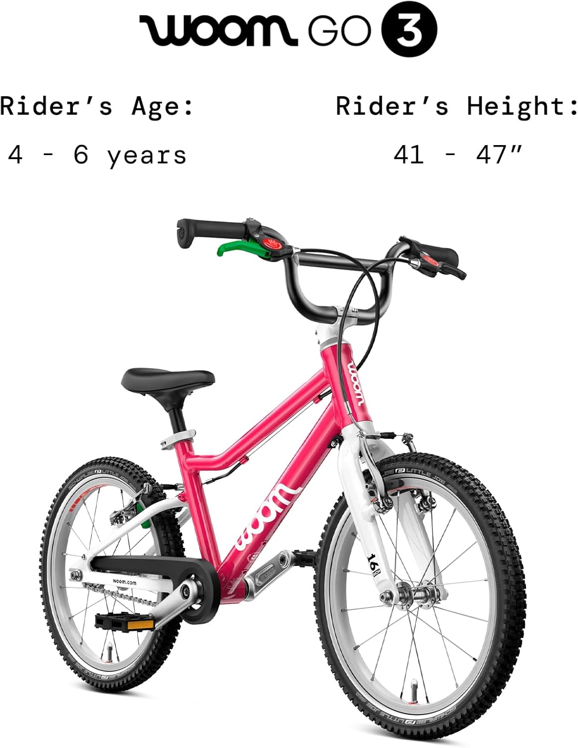 woom GO 3 / GO 3 AUTOMAGIC Kids’ Bike, 16-Inch Lightweight Bicycle for Ages 4–6, Handbrakes, Steering Limiter, Chainguard, Boys & Girls