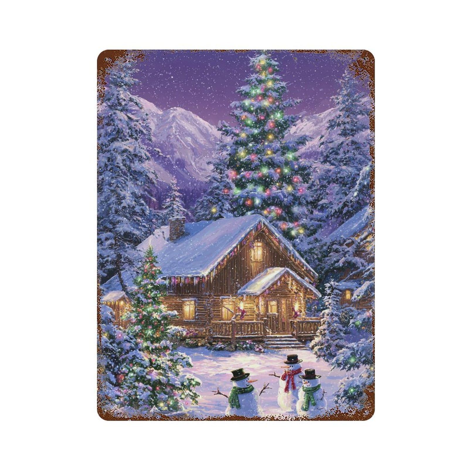 Christmas Cabin in Snowy Forest Distressed Metal Wall Sign 15.7"x11.8", Rustic Home Decor for Farmhouse, Kitchen And Entryway Decor
